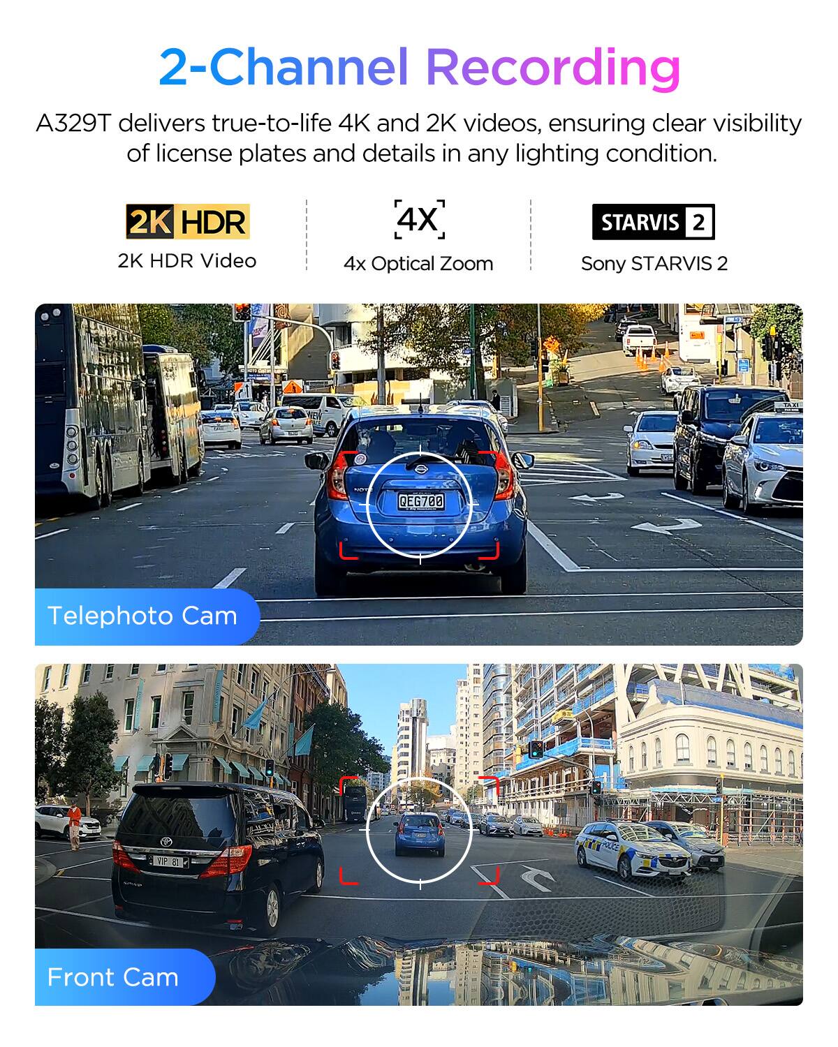 2-Channel Recording  
A329T delivers true-to-life 4K and 2K videos, ensuring clear visibility of license plates and details in any lighting condition.  

2K HDR Video  
4x Optical Zoom  
Sony STARVIS 2  

Telephoto Cam  
Front Cam
