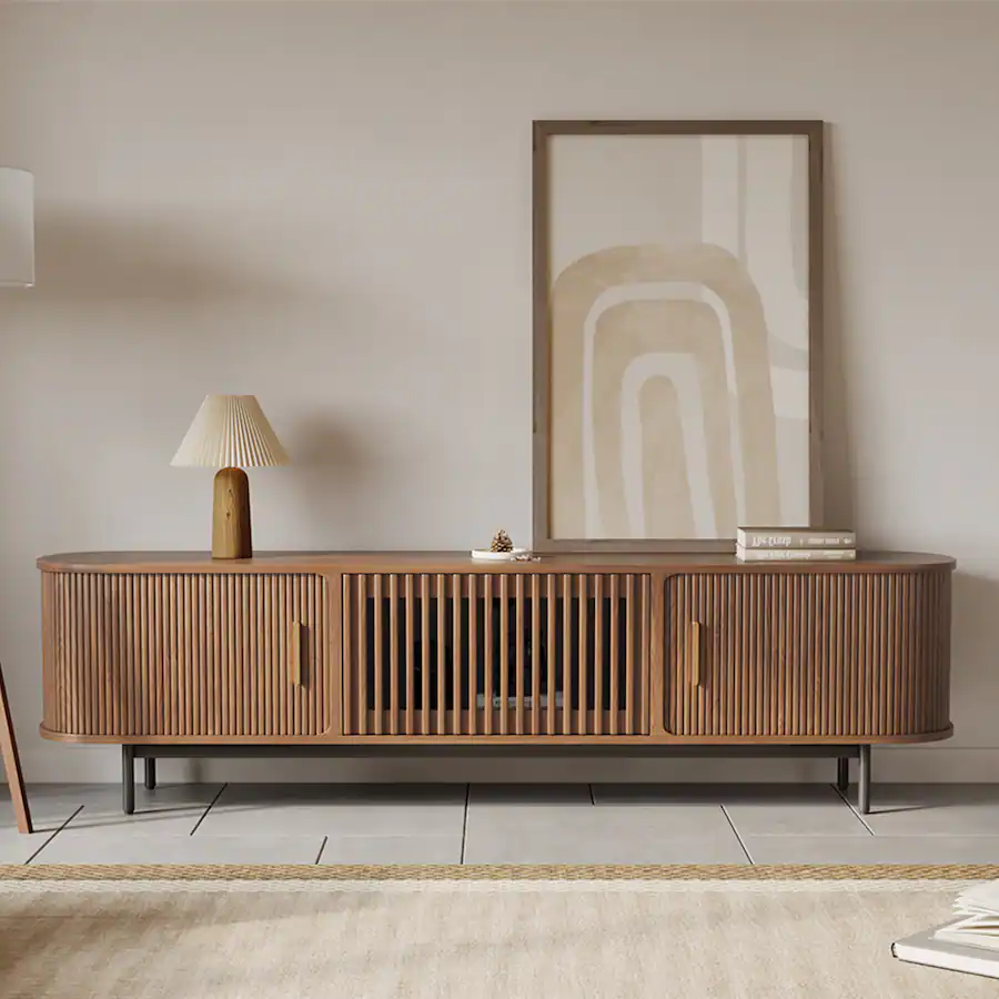 POVISON 79"Mid Century Modern Tambour Door TV Stand Walnut - Best Buy