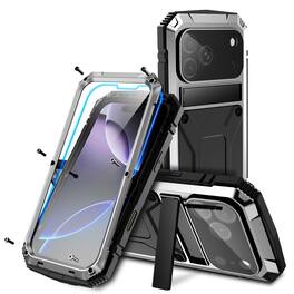 Dteck - For iPhone 17 Pro Max Case Outdoor Sports Kickstand Rugged Heavy Duty Full Body Cover with Built in Screen Protector - Silver