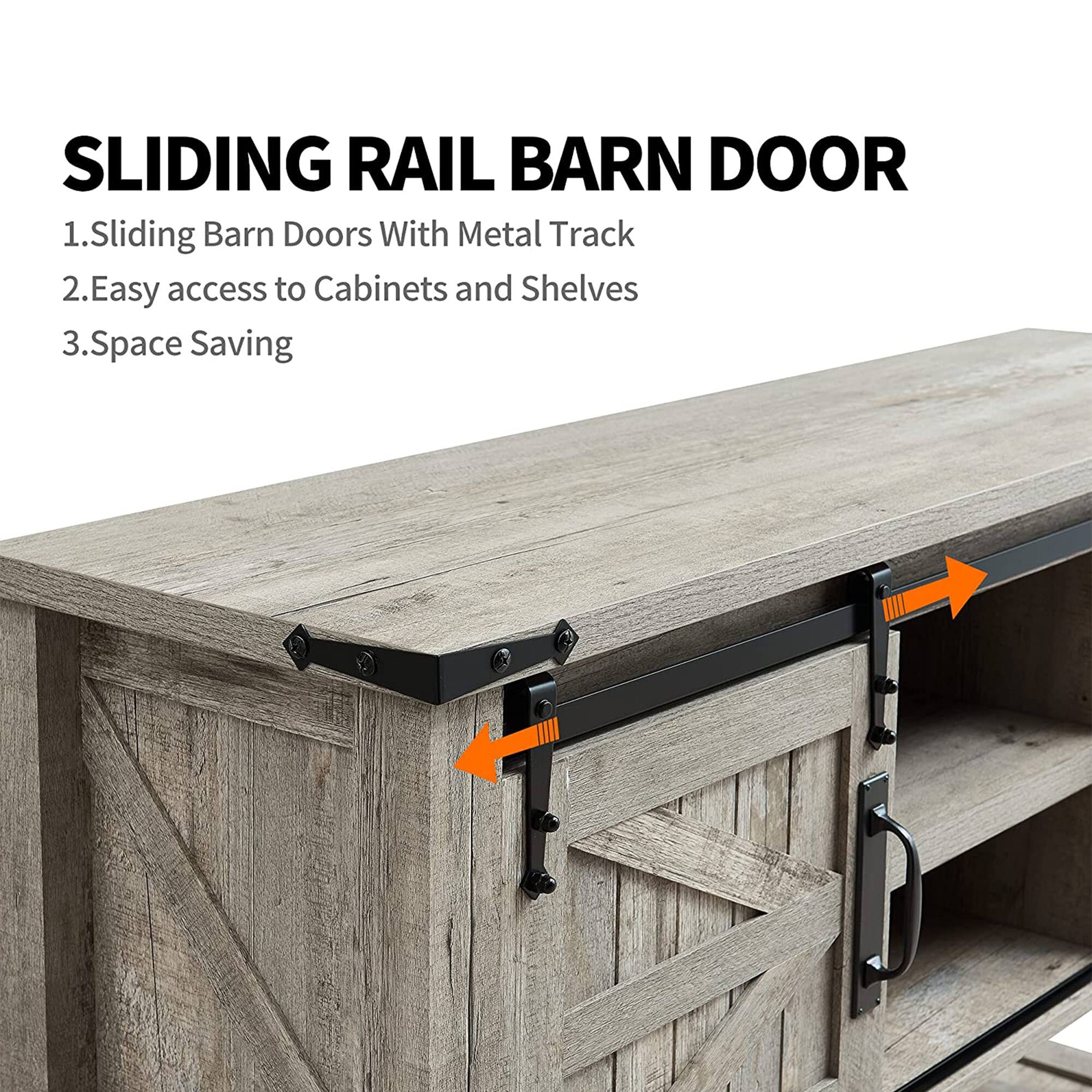 SLIDING RAIL BARN DOOR

1. Sliding Barn Doors With Metal Track
2. Easy access to Cabinets and Shelves
3. Space Saving