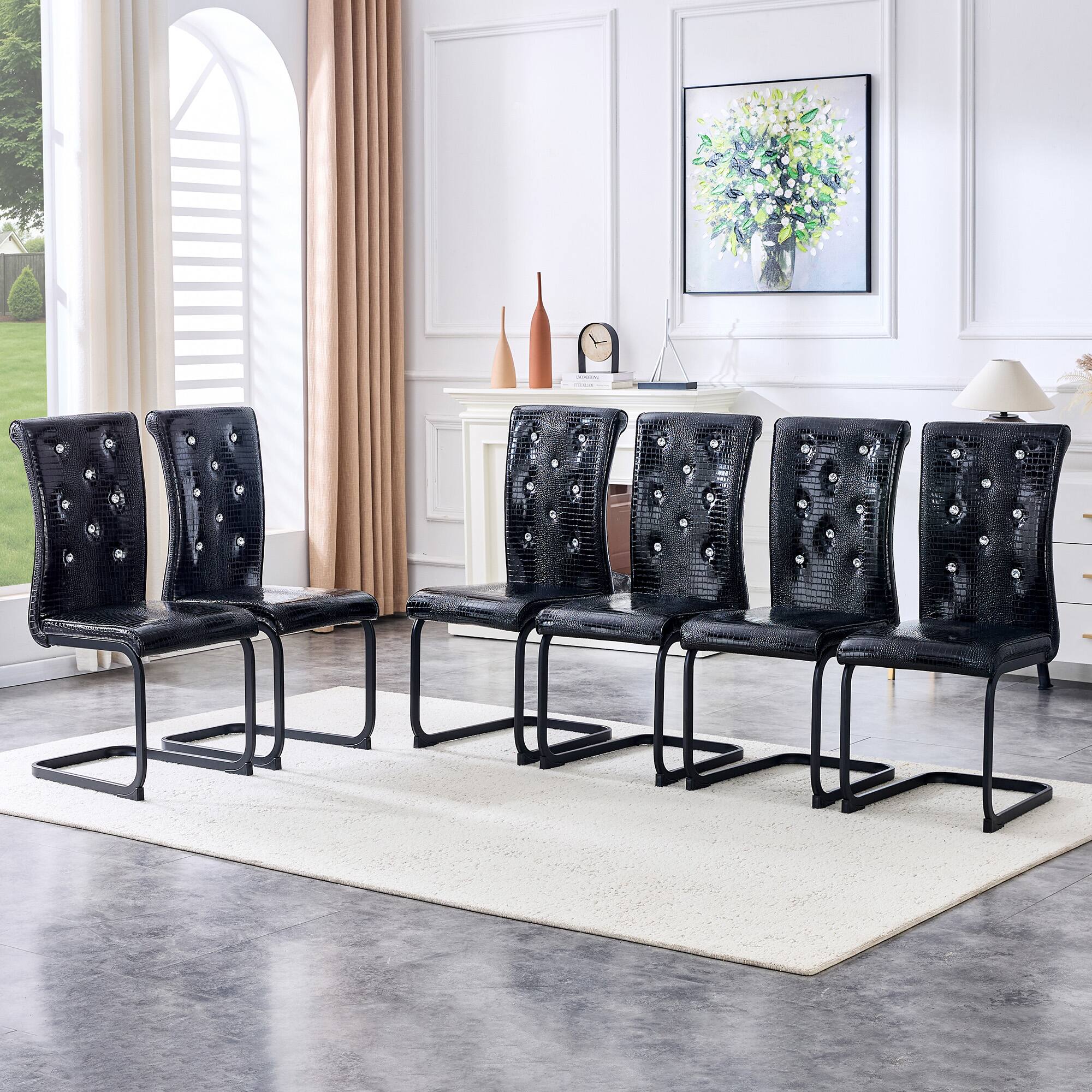 Alt View 1. Loheer - Retro Alligator Faux Leather Dining Chairs Set of 2 with Metal Bow Legs 1.37x1.87x3.30 ft - Black.