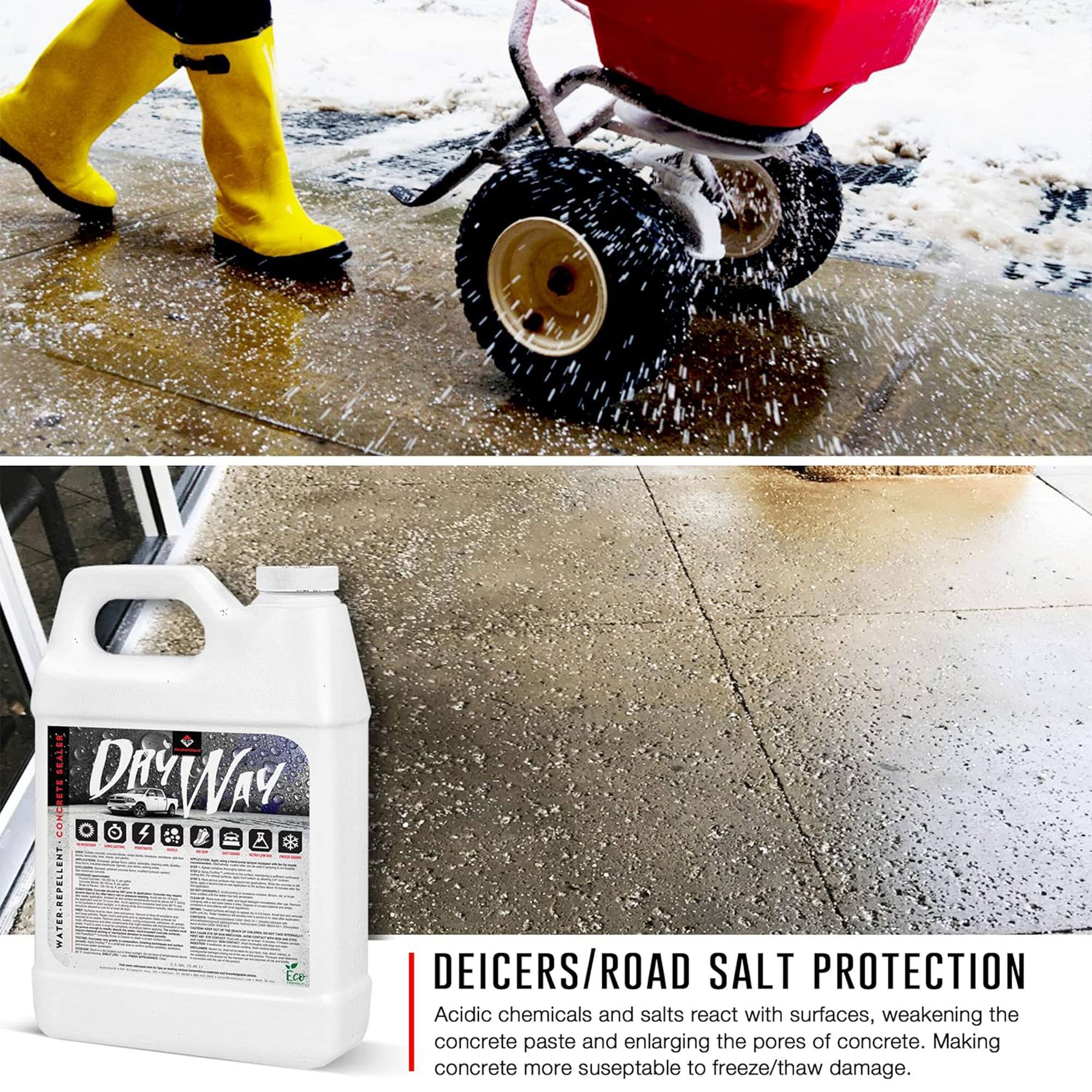 **SEALER: DAYWAY O H A NST1.41.BSITM ECe DEICERS/ROAD SALT PROTECTION**

Acidic chemicals and salts react with surfaces, weakening the concrete paste and enlarging the pores of concrete. Making concrete more susceptible to freeze/thaw damage.