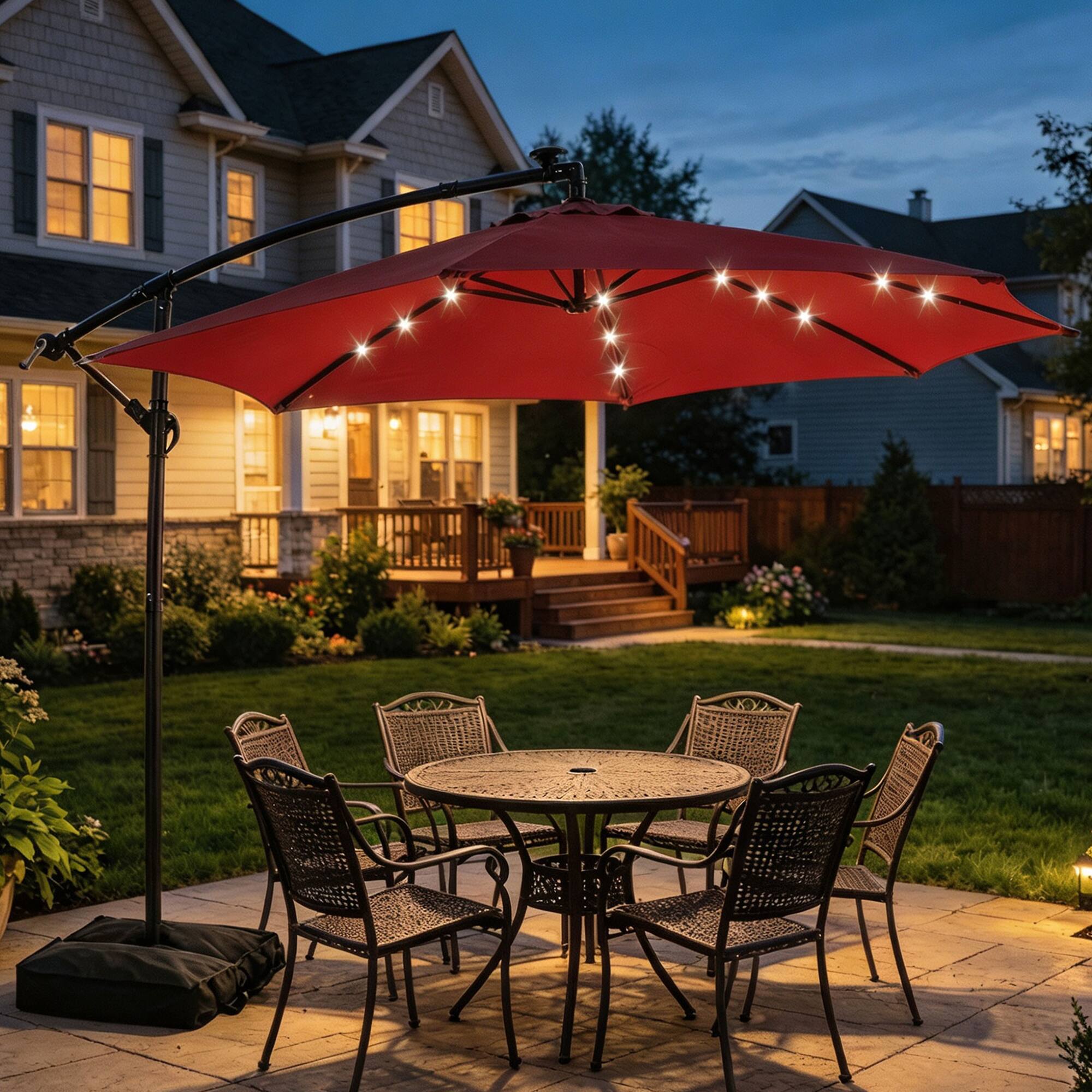 Angle. Ainfox - Ainfox 10FT Outdoor Patio Cantilever Umbrella Hanging Offset with Cross Base  Sand Bags & 24 LED Solar Lights - Red.