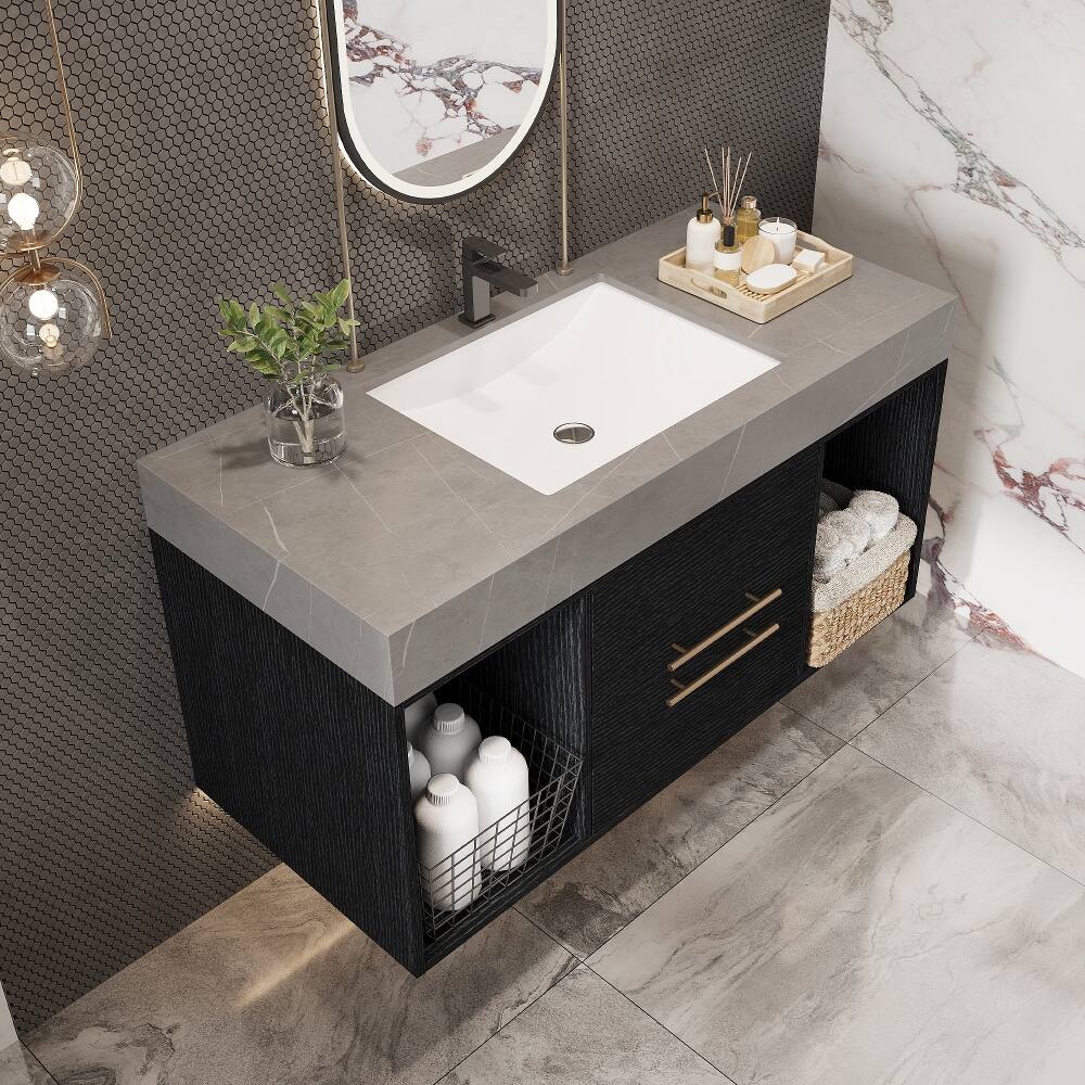 Alt View 1. Loheer - Loheer 39.4 inch floating bathroom vanity Black Wall Mounted Vanity with Sintered Stone Top Ceramic Sink - Black, Gray.