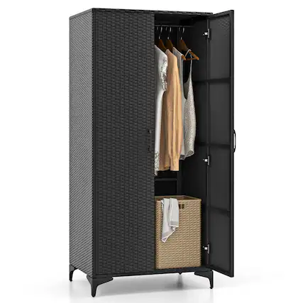 Front. Gymax - Gymax 62'' Wicker Wardrobe w/ 2 Doors Hanging Rod & 4 Storage Cubes for Home Patio Black - Black.