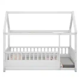 Ecooso - Twin Floor Bed with House Roof Frame & Fence Guardrails, Wooden Construction - White