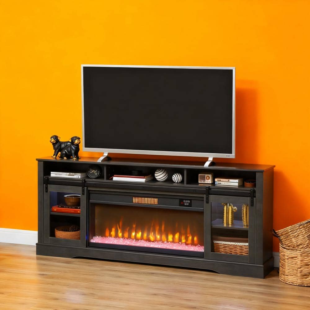 TinyHomie - TV Console with Electric Fireplace Open Storage and Side Cabinets - Gray
