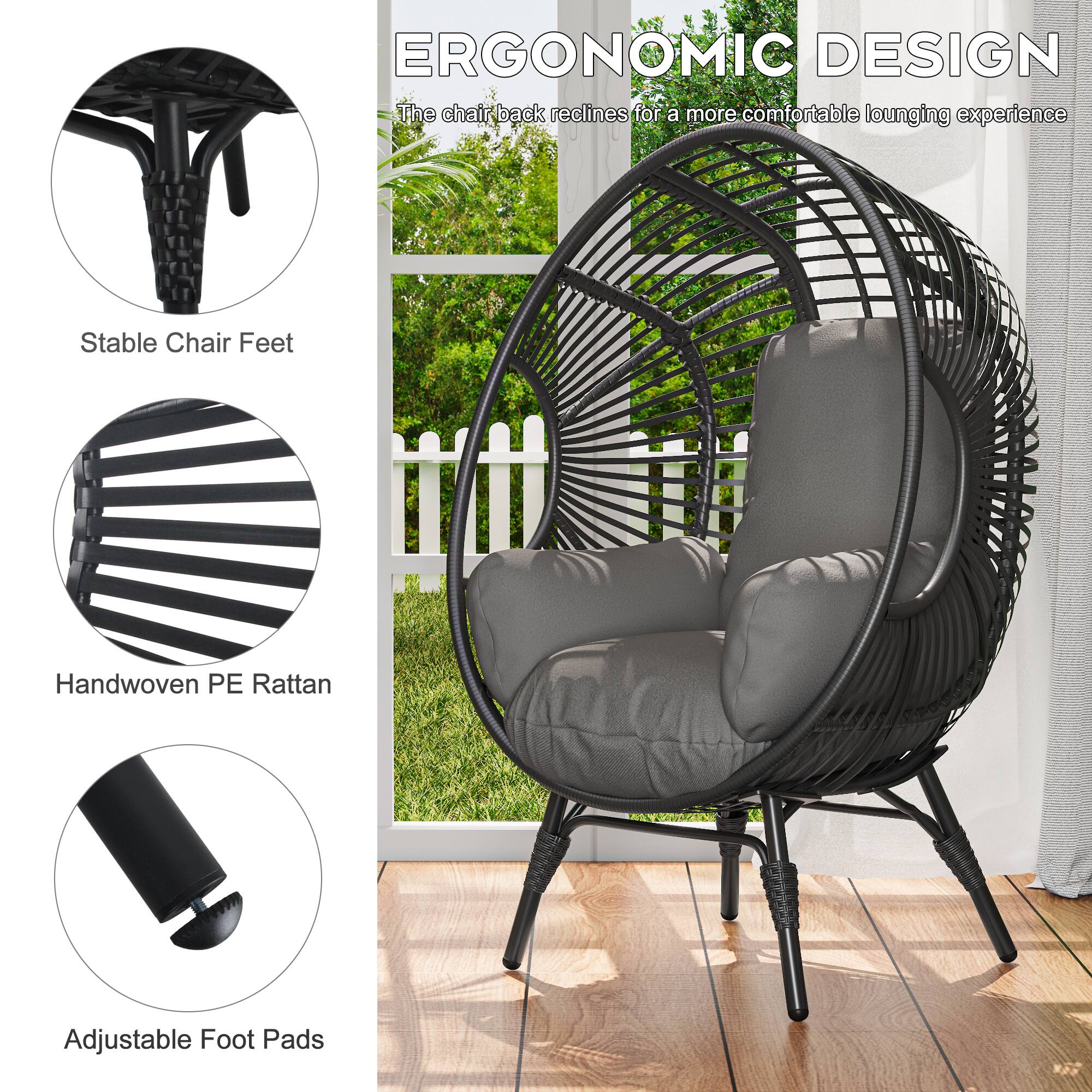 ERGONOMIC DESIGN  
The chair back reclines for a more comfortable lounging experience  

- Stable Chair Feet  
- Handwoven PE Rattan  
- Adjustable Foot Pads
