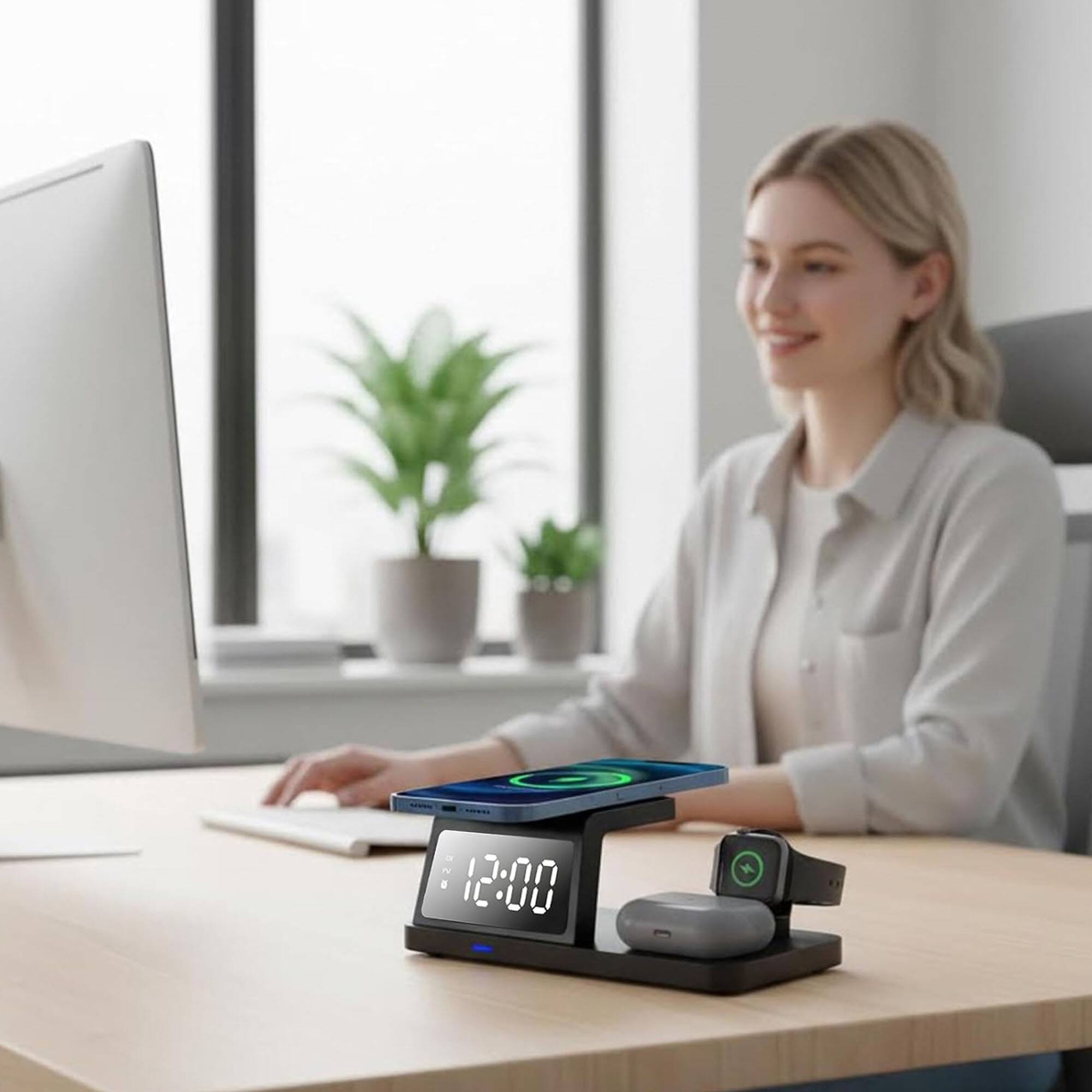 Alt View 5. YONWAY - Bedside Wireless Charging Station, 15W Fast Charger with LED Digital Clock, Alarm Clock for iPhone, Apple Watch, Airpods.