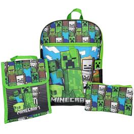 Minecraft - Kids School Backpack 16" 5PC Lunch Kit, Keychain, Metal Carabiner, Batman keychain, and utility case - Green