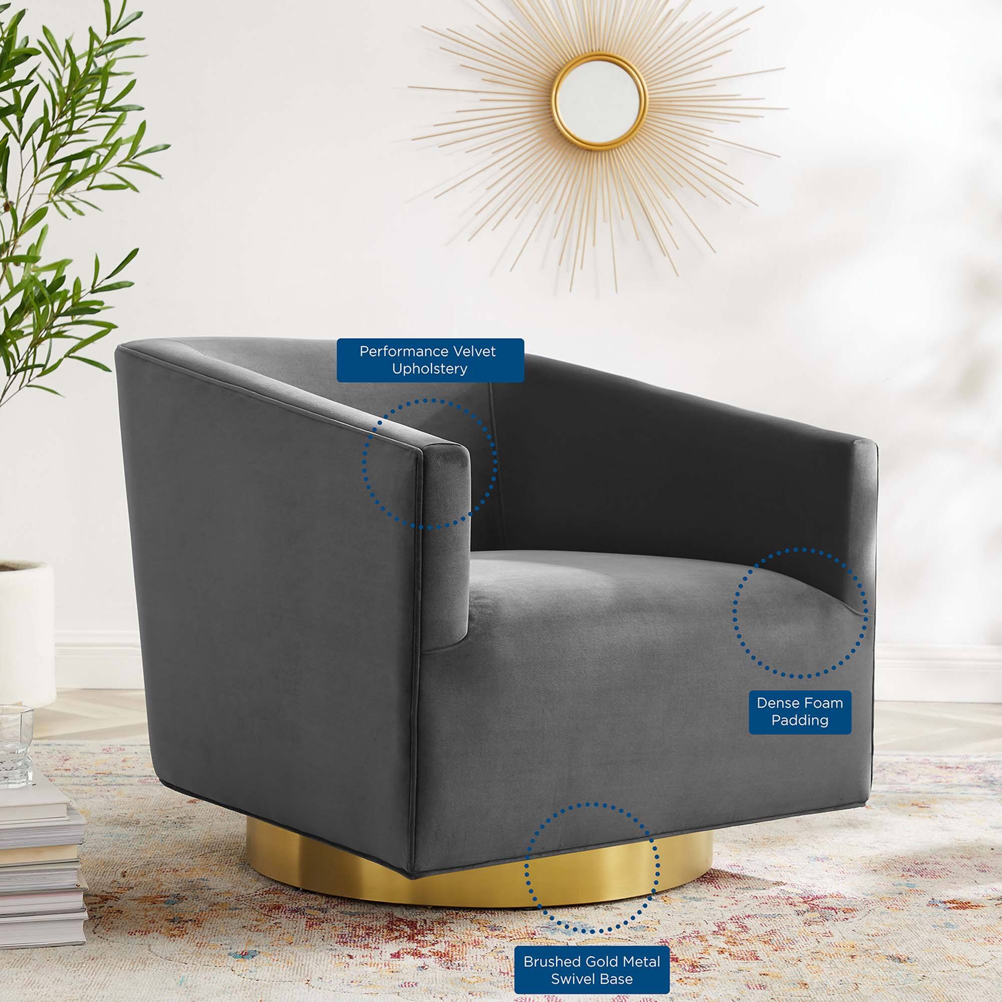 - Performance Velvet Upholstery
- Dense Foam Padding
- Brushed Gold Metal Swivel Base