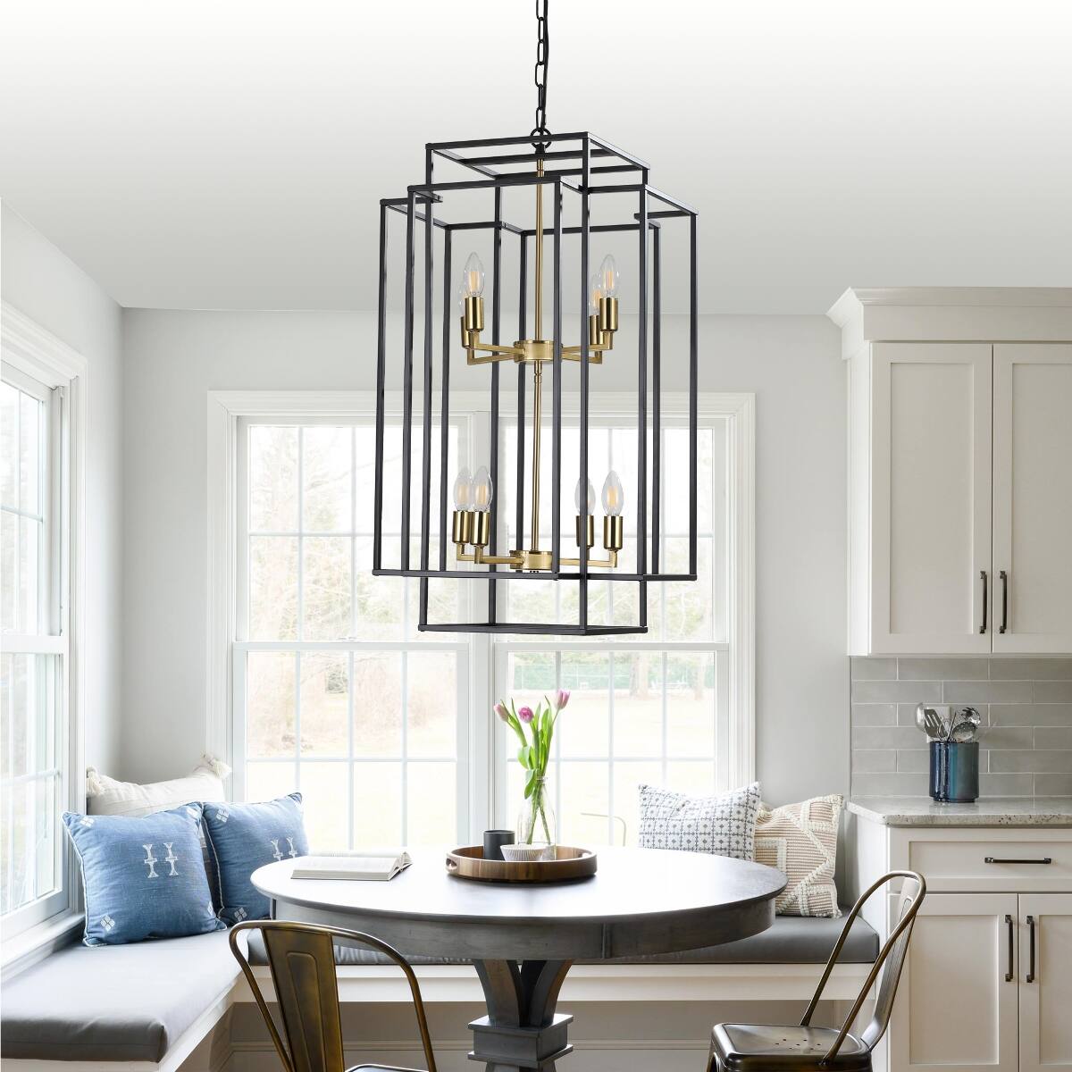 Left. Loheer - Loheer 18 Inch Modern Eight Light Chandelier Black Gold Geometric Pendant for Dining Room Kitchen.
