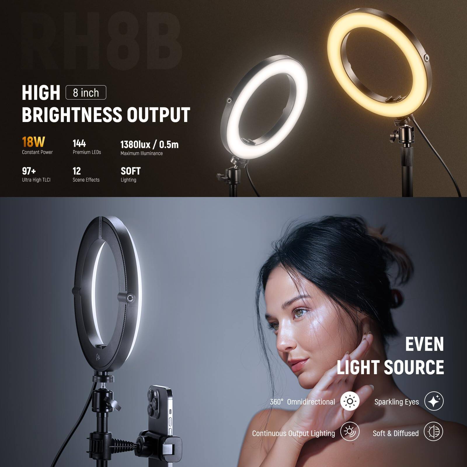 RH8B  
HIGH 8 inch BRIGHTNESS OUTPUT  
18W Constant Power  
144 Premium LEDs  
1380lux / 0.5m Maximum Illuminance  
97+ Ultra High TLCI  
12 Scene Effects  
SOFT Lighting  
EVEN LIGHT SOURCE  
360° Omnidirectional  
Sparkling Eyes  
Continuous Output Lighting  
Soft & Diffused