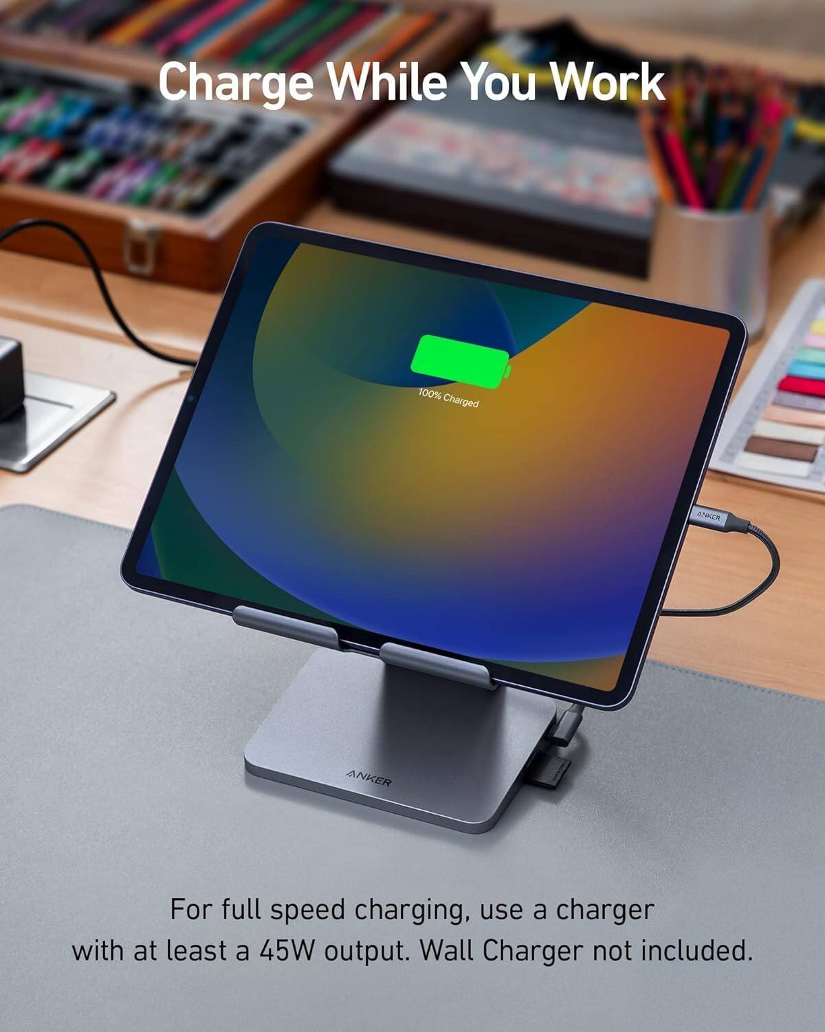 Charge While You Work

100% Charged

For full speed charging, use a charger with at least a 45W output. Wall Charger not included.