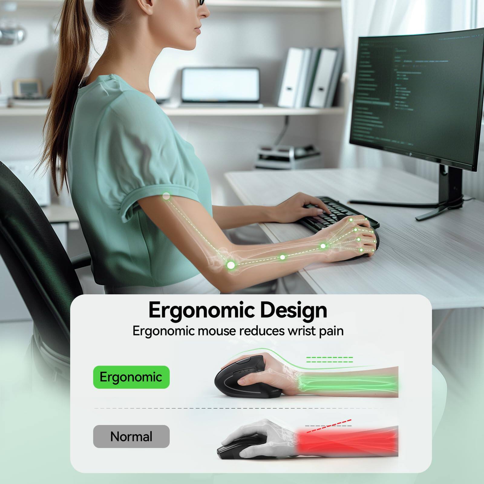 Ergonomic Design  
Ergonomic mouse reduces wrist pain  

Ergonomic  
Normal