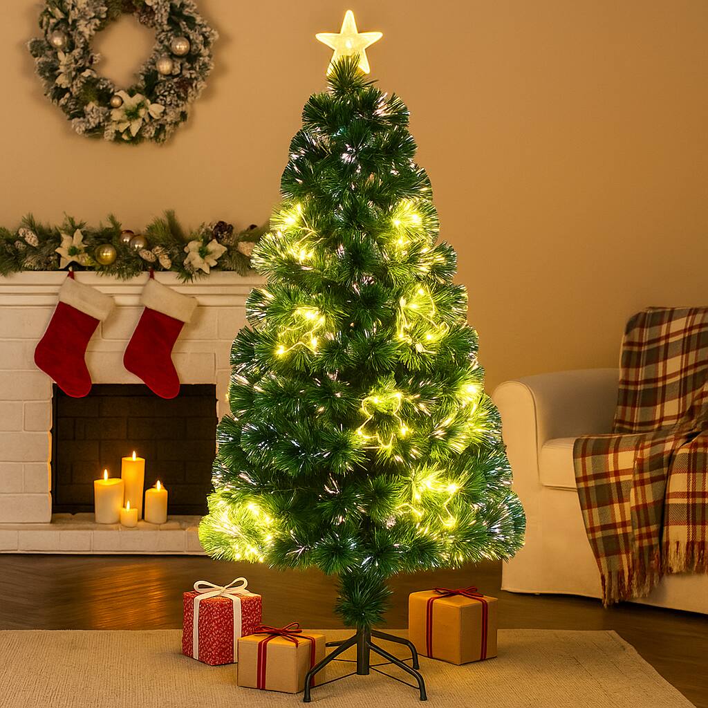 Front. BreeBe - Artificial Prelit Christmas Tree with Top Star and Full Branch Tips - Green.