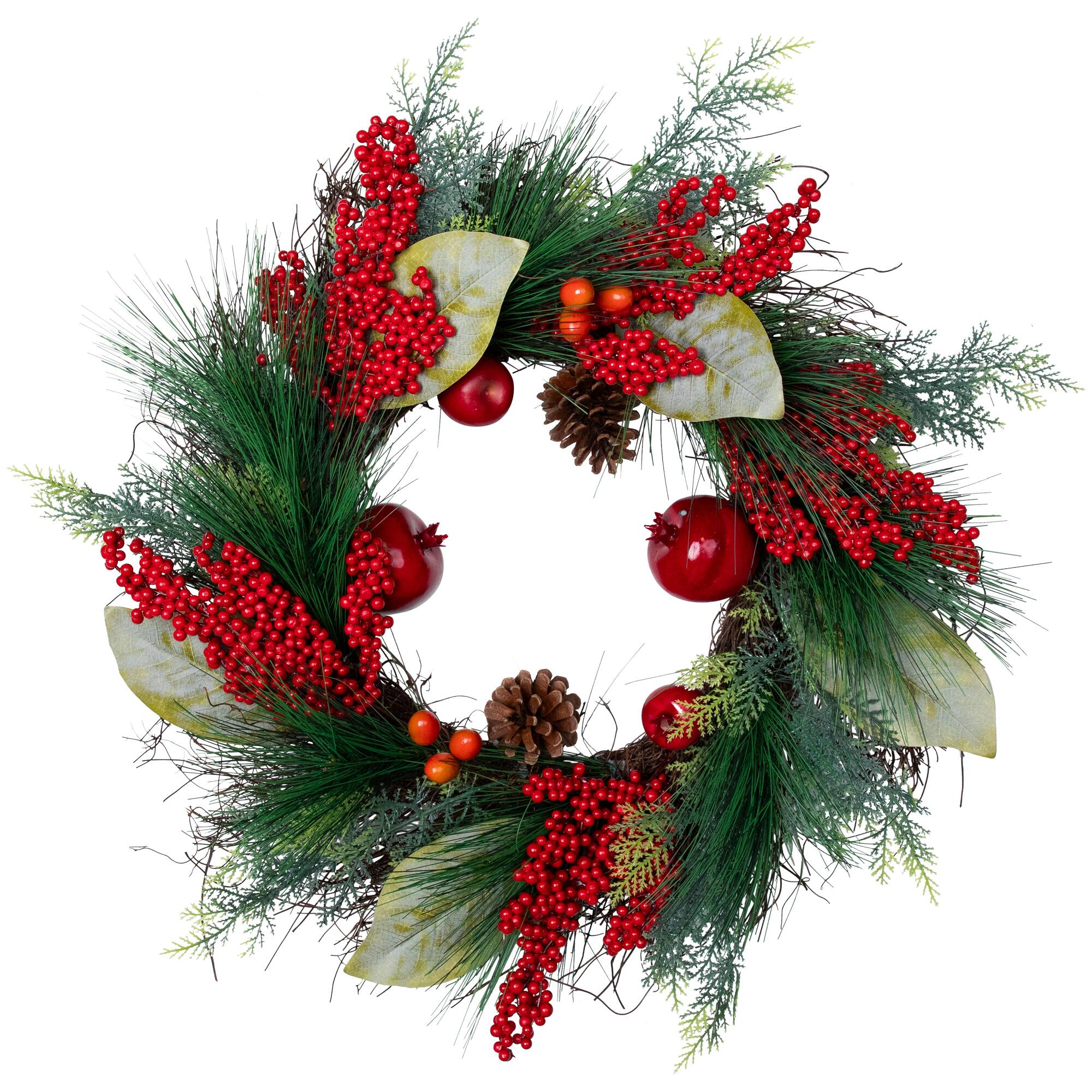 Alt View 1. Northlight - Pine, Berry and Pomegranate Artificial Fall Harvest Wreath - 24" - Red.
