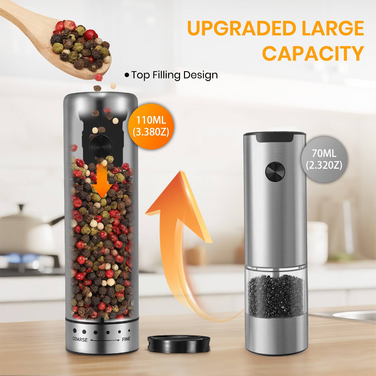 UPGRADED LARGE CAPACITY  
Top Filling Design  
110ML (3.38OZ)  
70ML (2.32OZ)  
COARSE FINE
