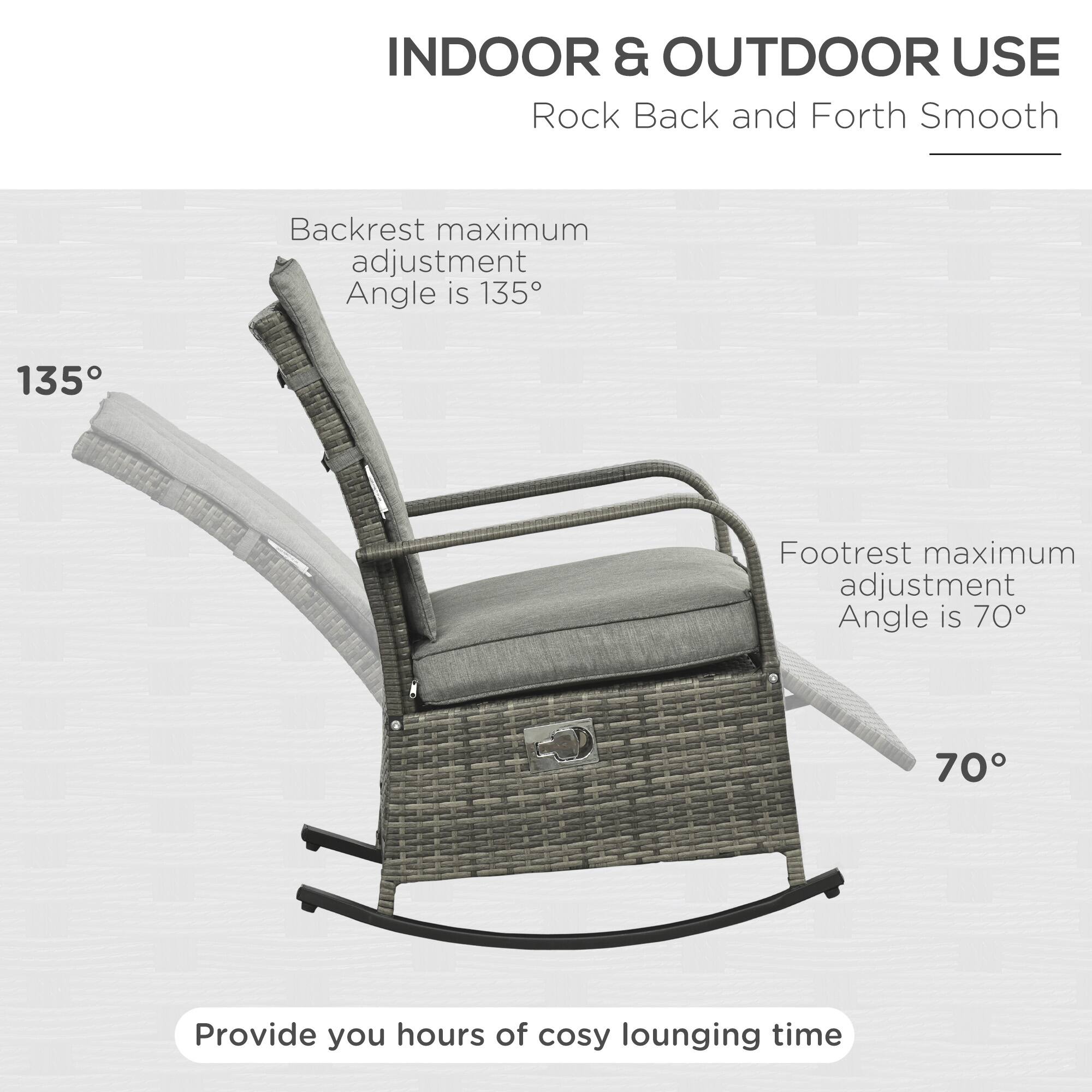INDOOR & OUTDOOR USE  
Rock Back and Forth Smooth  

Backrest maximum adjustment Angle is 135°  

Footrest maximum adjustment Angle is 70°  

Provide you hours of cosy lounging time