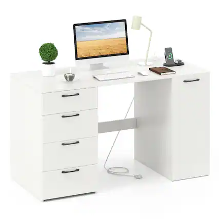Front. Costway - Costway 53" Computer Desk with Power Outlets Large Executive Desk with 4 Storage Drawers White - White + Black.