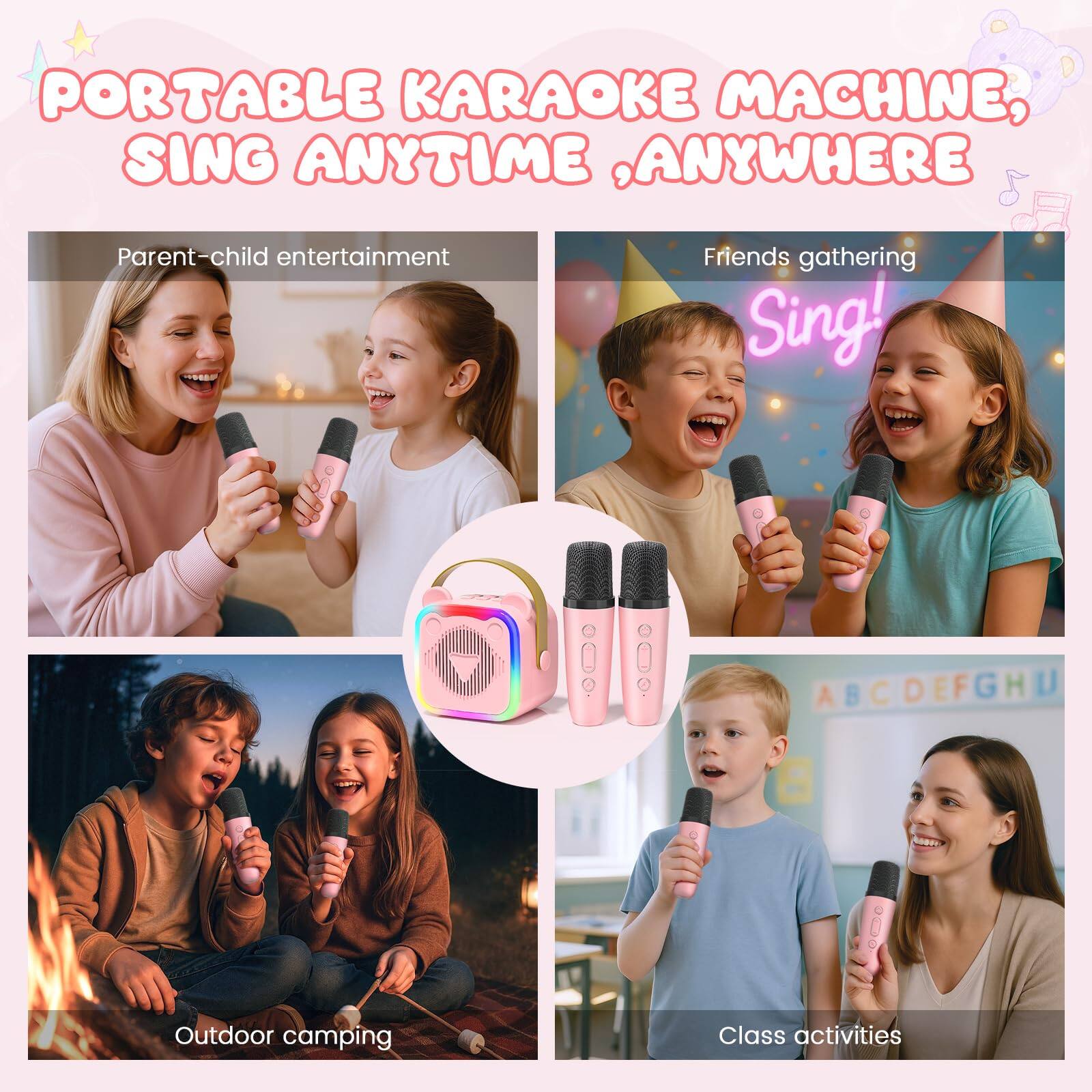 PORTABLE KARAOKE MACHINE, SING ANYTIME, ANYWHERE

Parent-child entertainment

Friends gathering
Sing!

Outdoor camping

Class activities