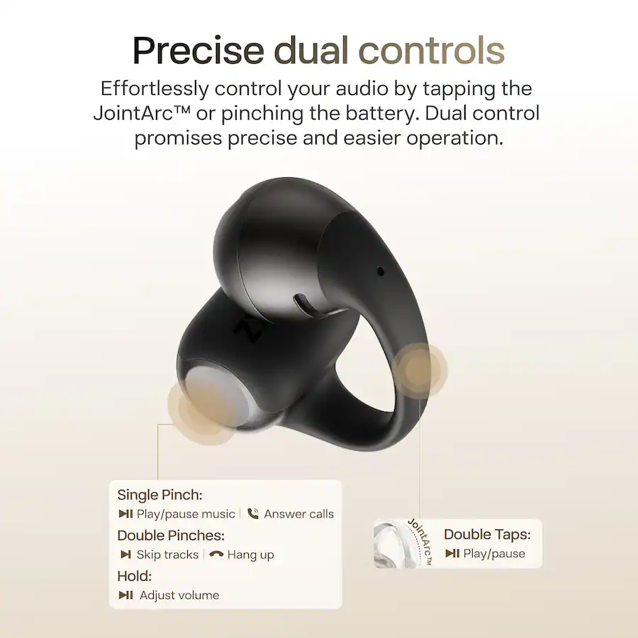 Precise dual controls
Effortlessly control your audio by tapping the JointArc™ or pinching the battery. Dual control promises precise and easier operation.
Single Pinch:
- Play/pause music
- Answer calls
Double Pinches:
- Skip tracks
- Hang up
Hold:
- Adjust volume
Double Taps:
- Play/pause