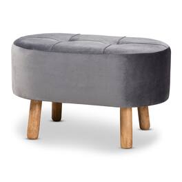 Baxton Studio - Simone Mid-Century Modern Velvet Fabric Upholstered Wood Ottoman - Grey/Natural