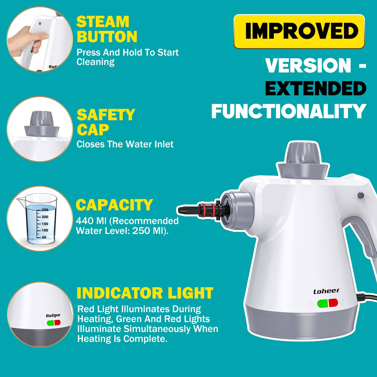 STEAM BUTTON  
Press And Hold To Start Cleaning  

SAFETY CAP  
Closes The Water Inlet  

CAPACITY  
440 MI (Recommended Water Level: 250 MI).  

INDICATOR LIGHT  
Red Light Illuminates During Heating, Green And Red Lights Illuminate Simultaneously When Heating Is Complete.  

IMPROVED VERSION - EXTENDED FUNCTIONALITY