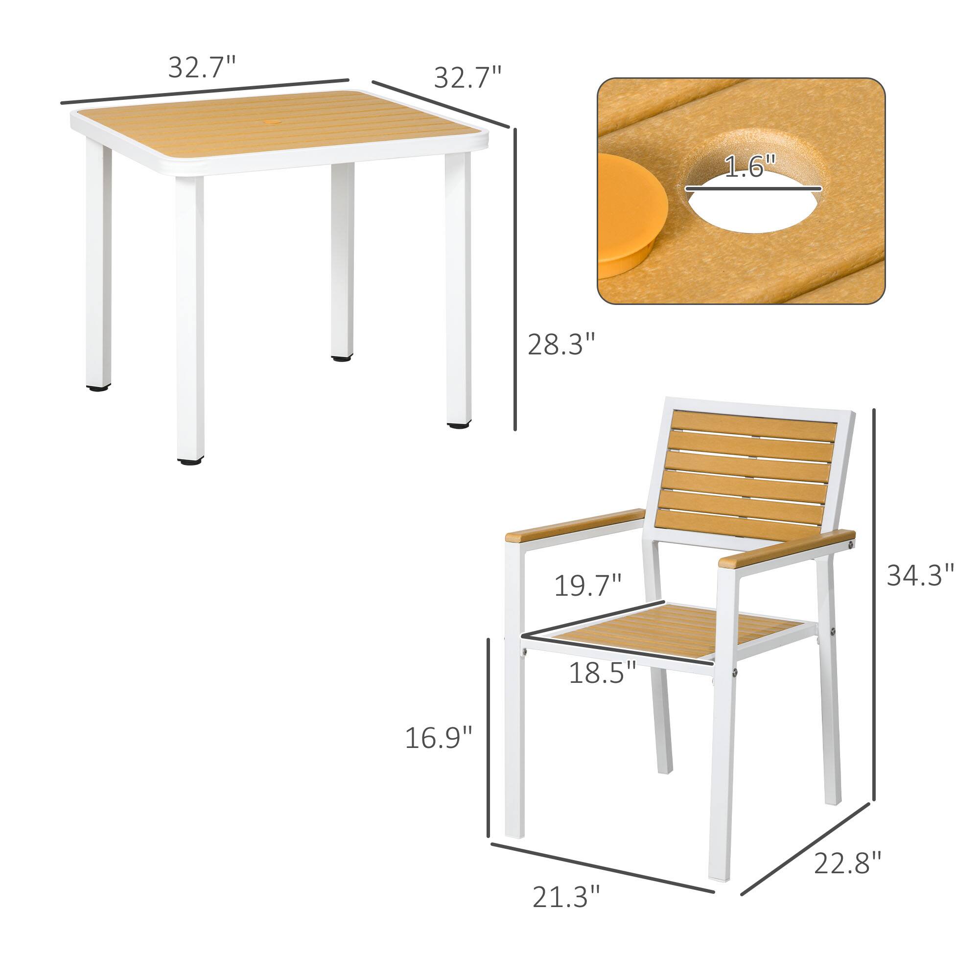 Table: 32.7", 32.7", 28.3"

Chair: 19.7", 34.3", 18.5", 16.9", 21.3", 22.8"

Table pad: 1.6"