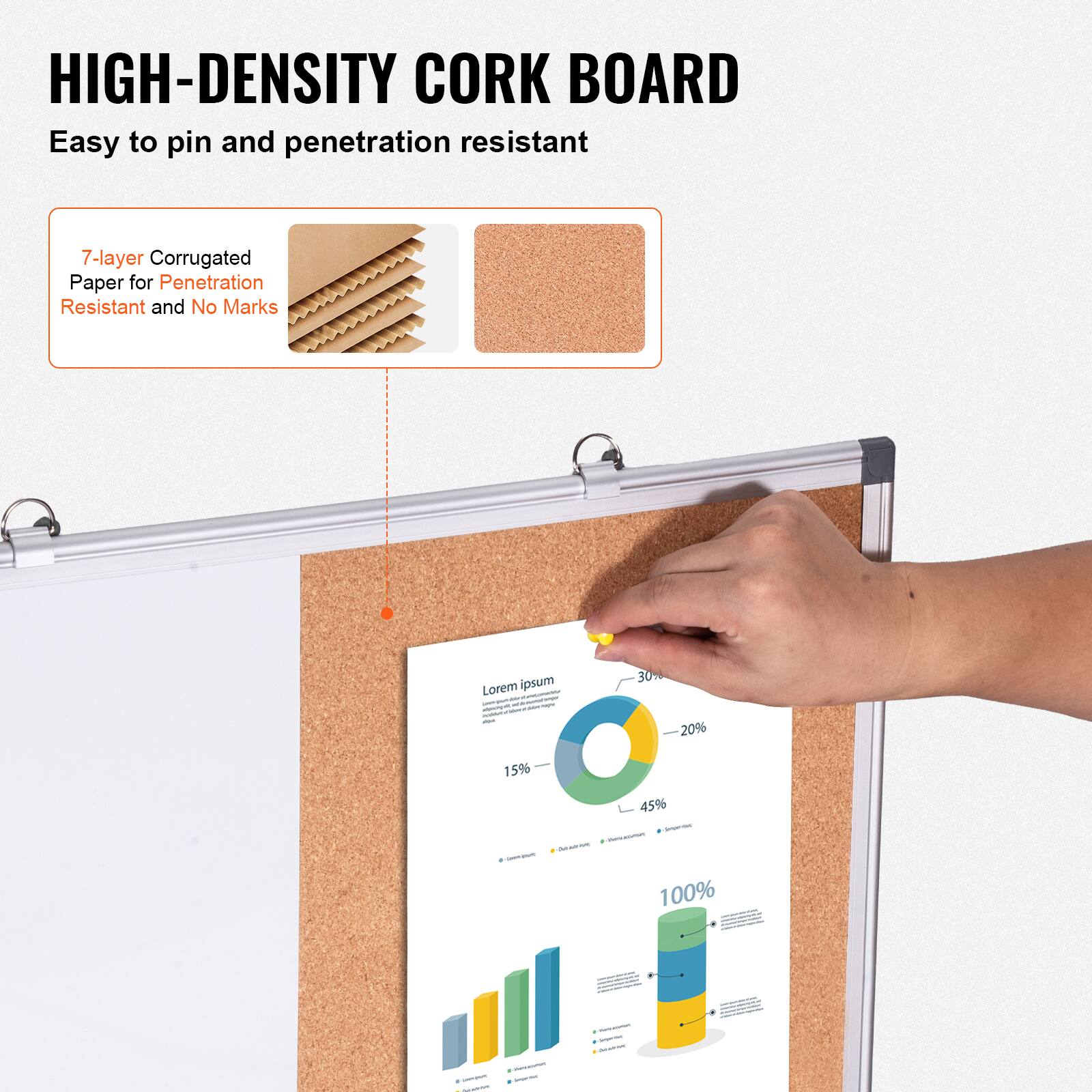 HIGH-DENSITY CORK BOARD
Easy to pin and penetration resistant
7-layer Corrugated Paper for Penetration Resistant and No Marks
Lorem ipsum - - - | I - - I - - 30 20% 15% + - - - 45% - : | 100% d - - - + - - - - -