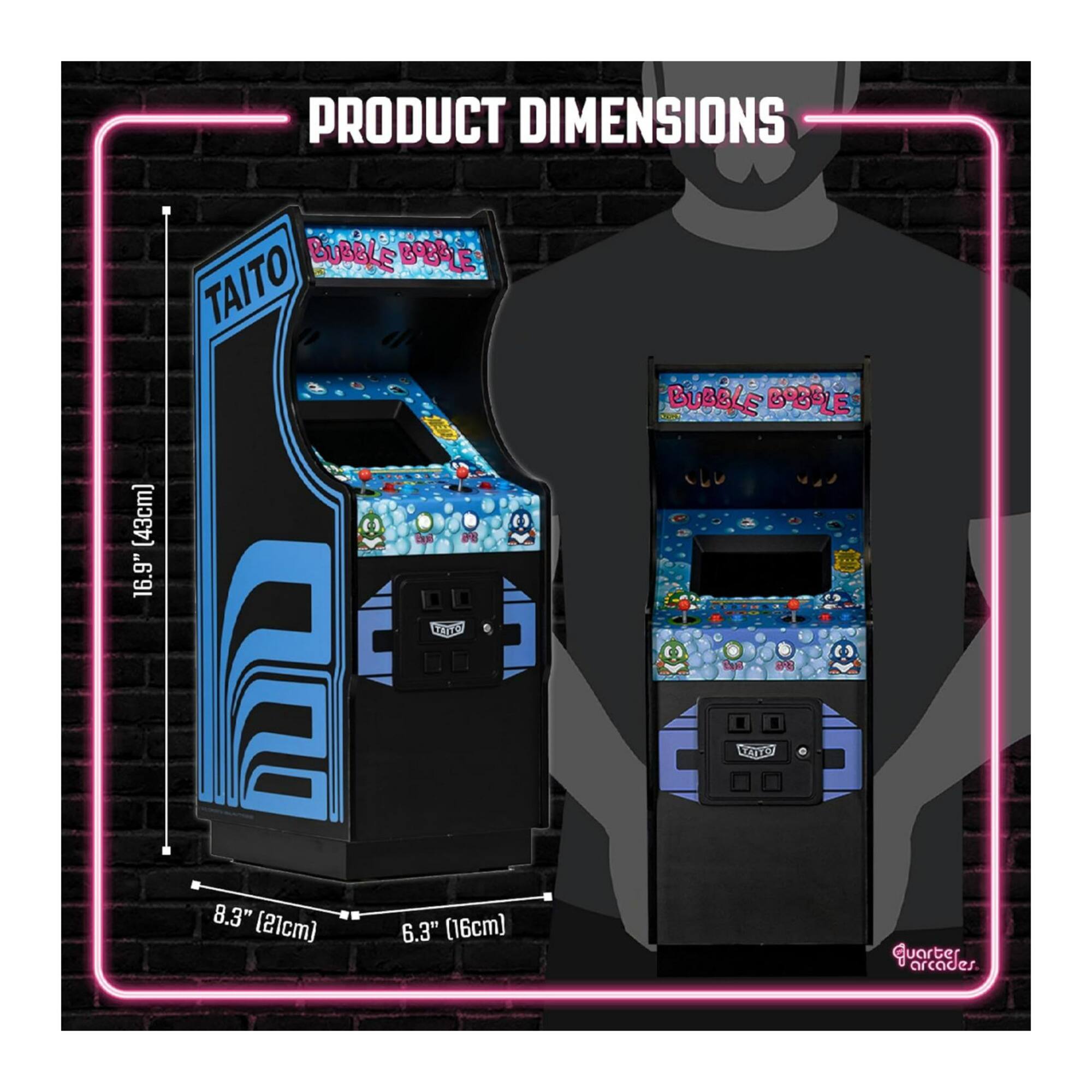 PRODUCT DIMENSIONS

- Height: 43cm (16.9")
- Width: 21cm (8.3")
- Depth: 16cm (6.3")

Quarter Arcade