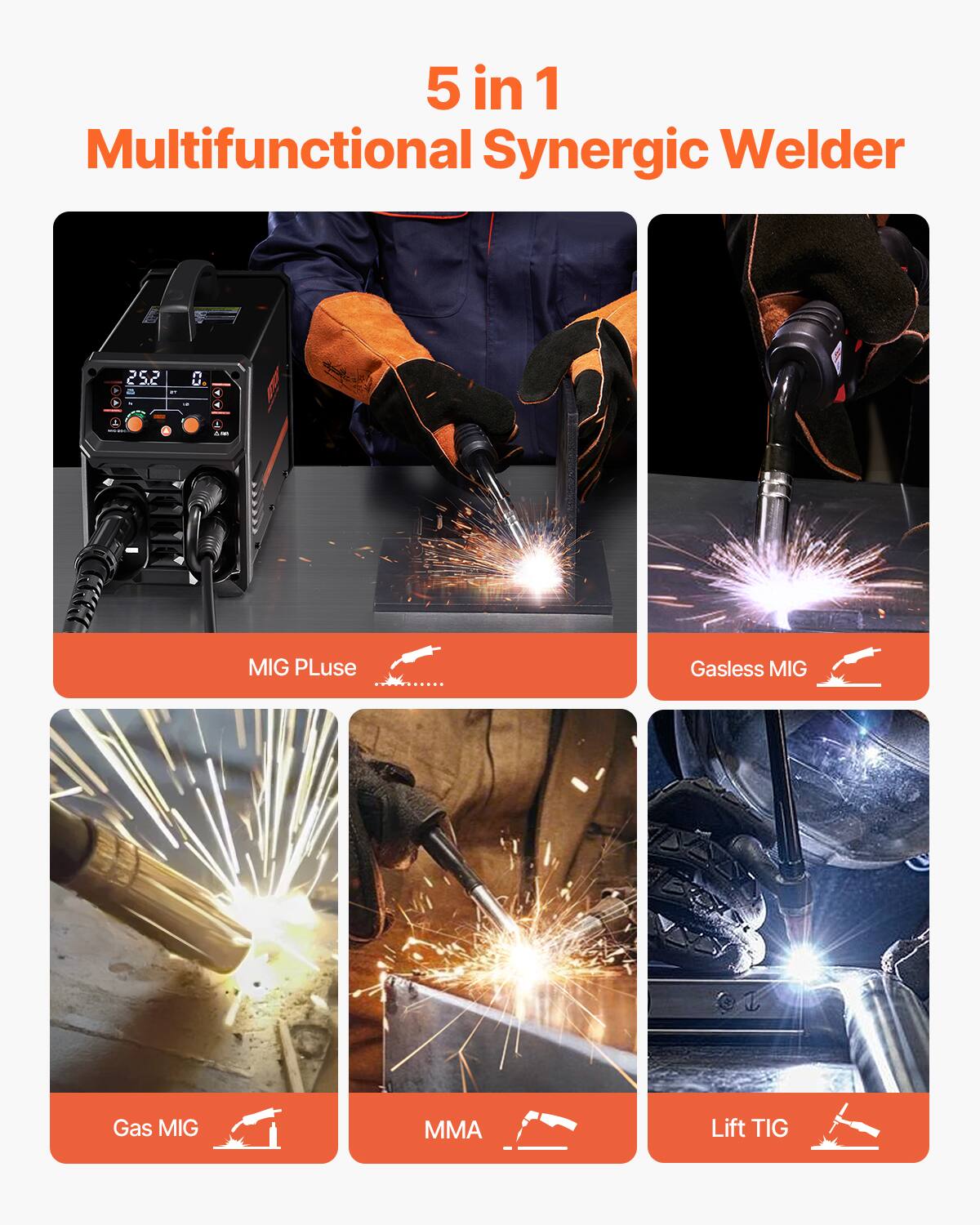 5 in 1 Multifunctional Synergic Welder

- MIG PLuse
- Gasless MIG
- Gas MIG
- MMA
- Lift TIG