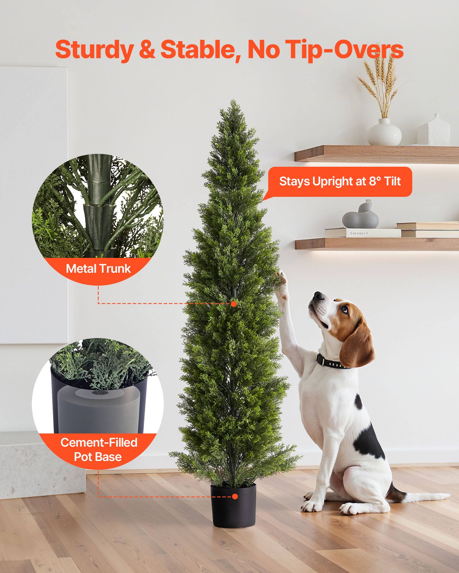 Sturdy & Stable, No Tip-Overs  
Stays Upright at 8° Tilt  
Metal Trunk  
Cement-Filled Pot Base