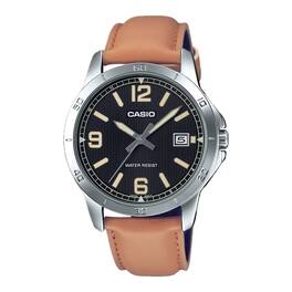Casio - Men’s Black Dial Leather Strap Analog Watch - MTP-V004L-1B2UDF - Brown