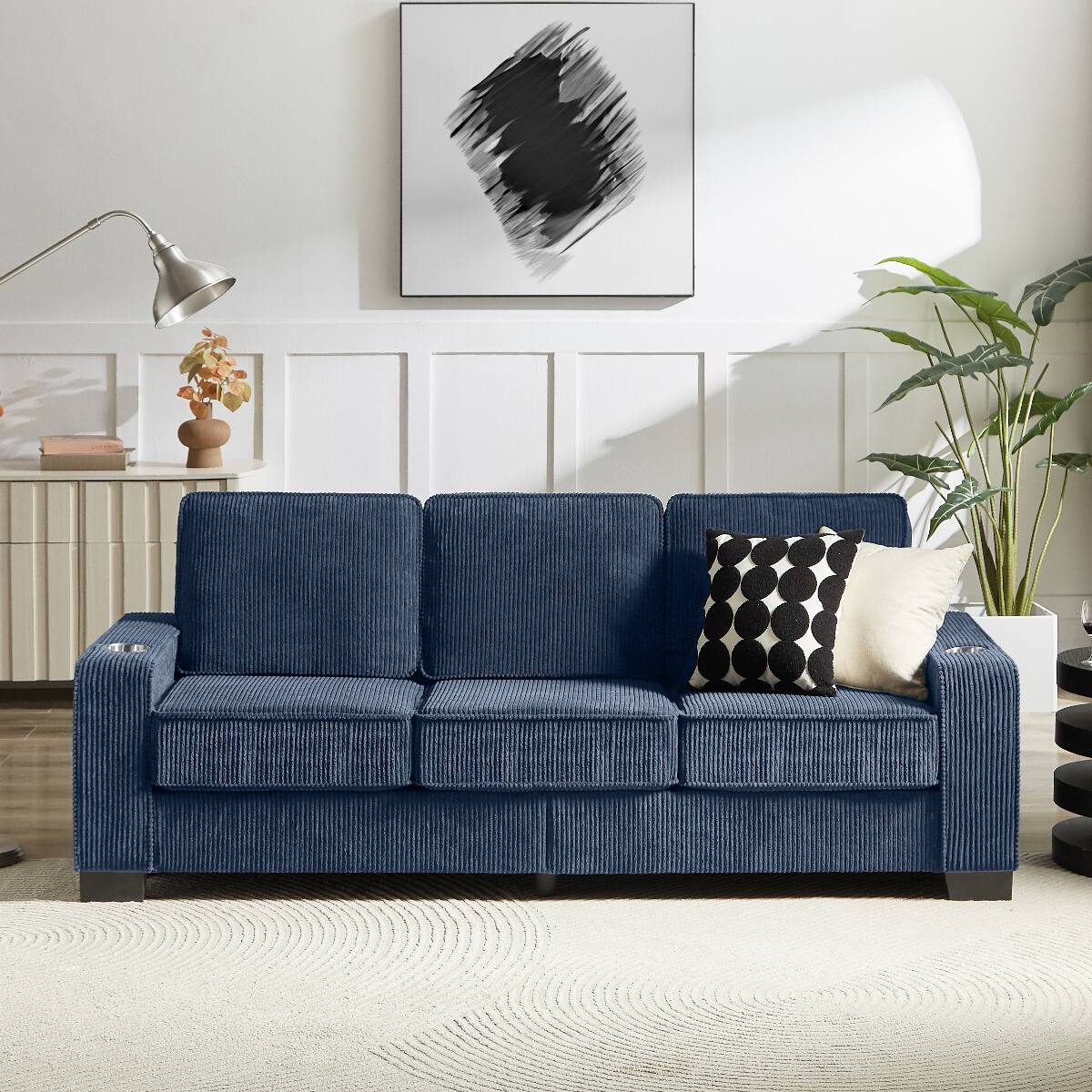 Front. Ropilly - Ropilly Blue Corduroy Sofa Modern Corduroy Couch with Built In Cup Holders Three Seater for Living Room - Blue.