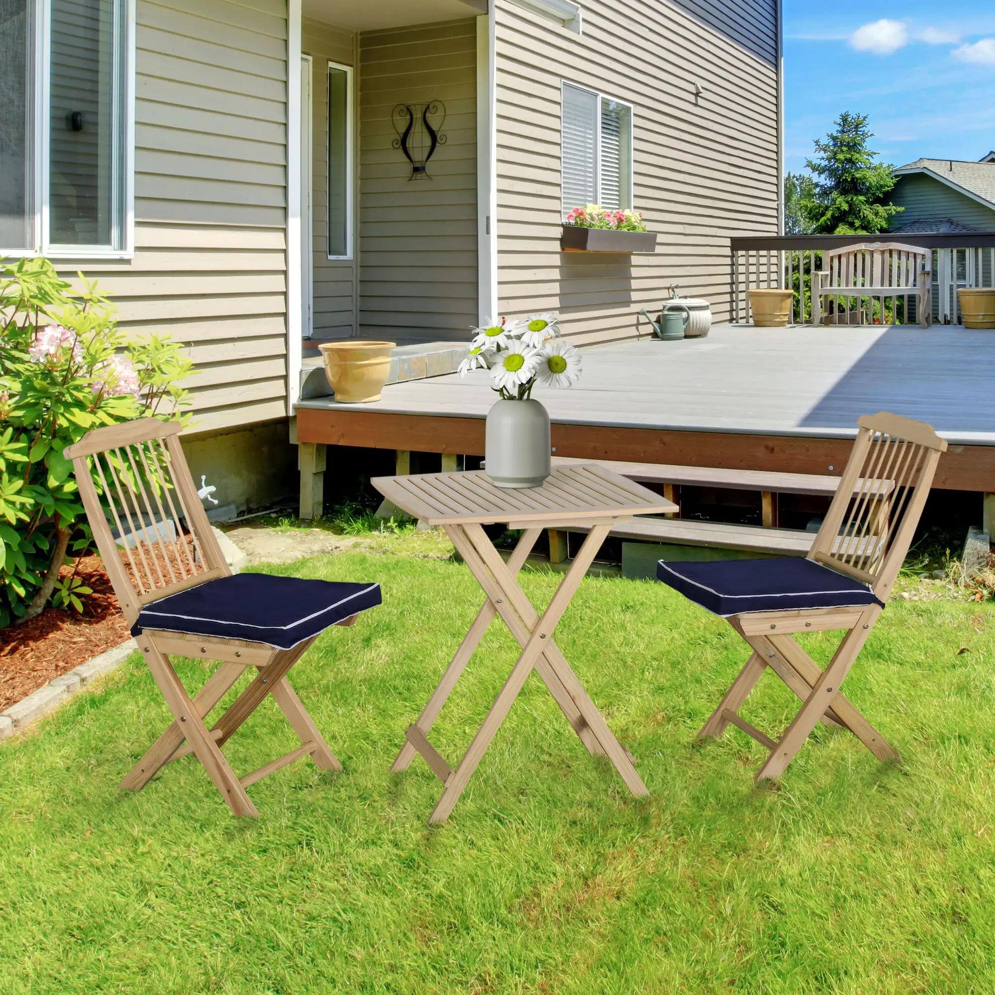 Left. Resenkos - Resenkos 3 Piecess Patio Folding Bistro Set, A Table And Two Chairs, Cushion, Fir Wood Seat, Dark Blue - Dark Blue.