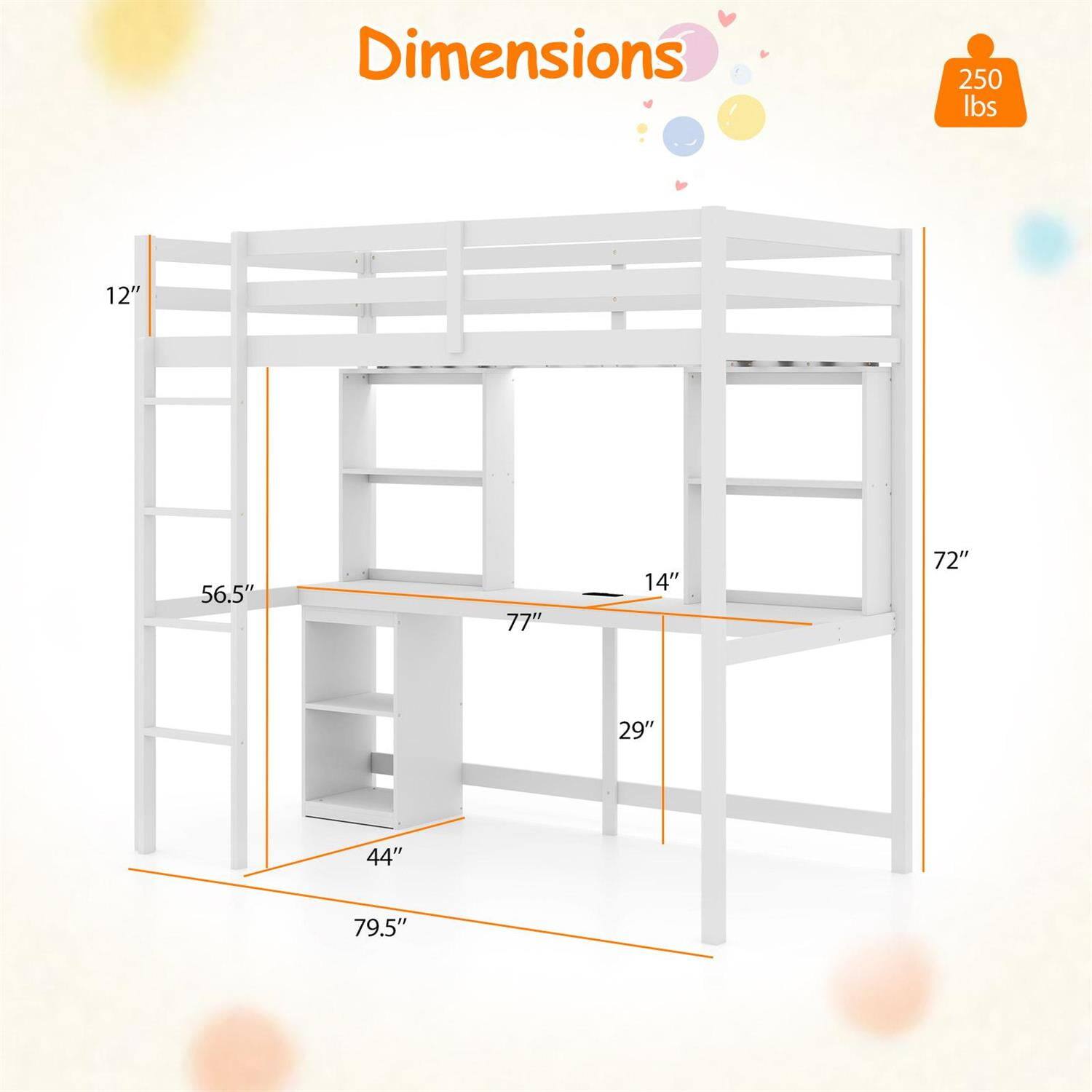 Dimensions:  
- Weight Capacity: 250 lbs  
- Height: 77"  
- Width: 72"  
- Depth: 44"  
- Ladder Height: 56.5"  
- Ladder Width: 12"  
- Desk Height: 29"  
- Desk Depth: 14"  
- Overall Length: 79.5"