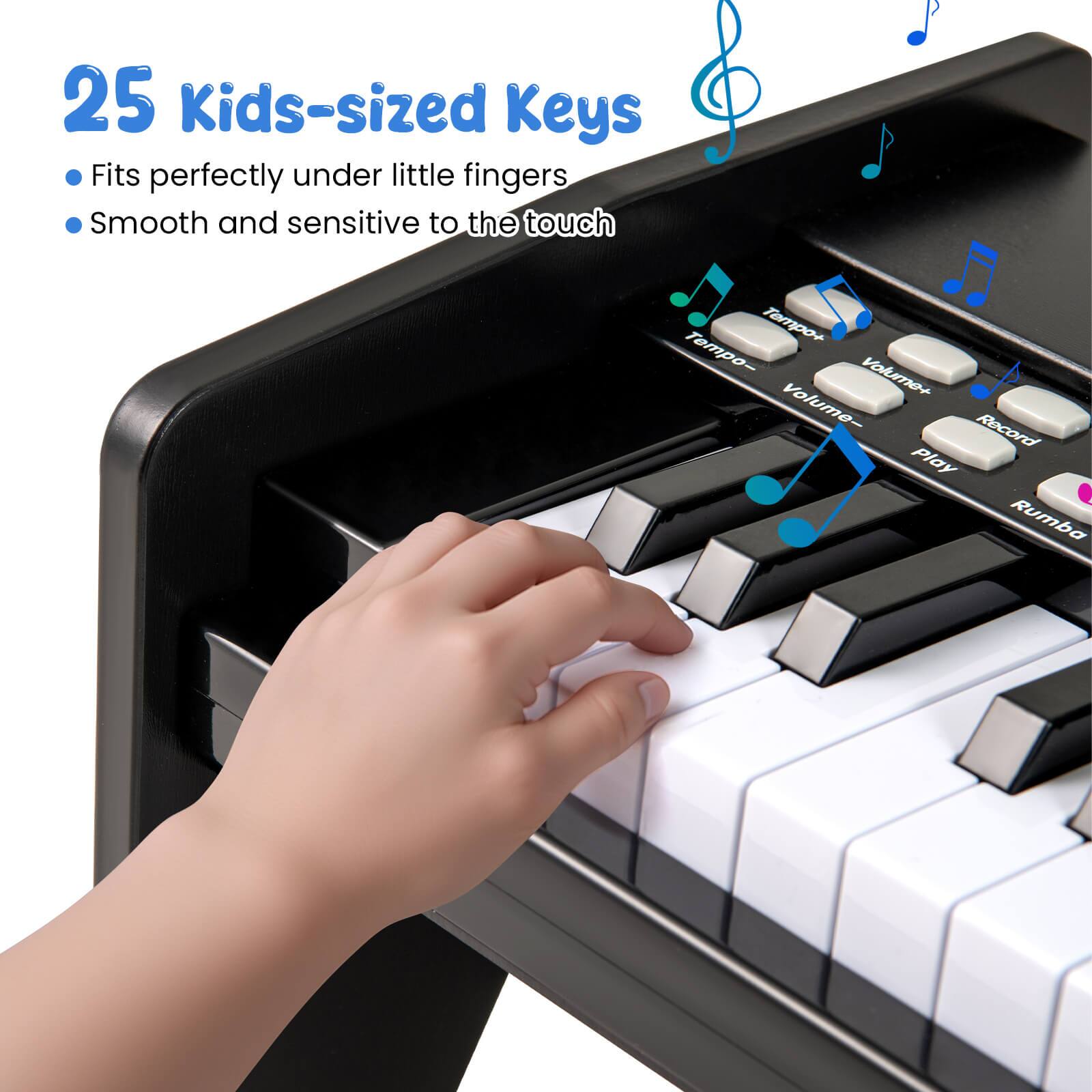 25 Kids-sized Keys  
- Fits perfectly under little fingers  
- Smooth and sensitive to the touch  

Tempo+ Tempo-  
Volume+ Volume-  
Record Play  
Rumba