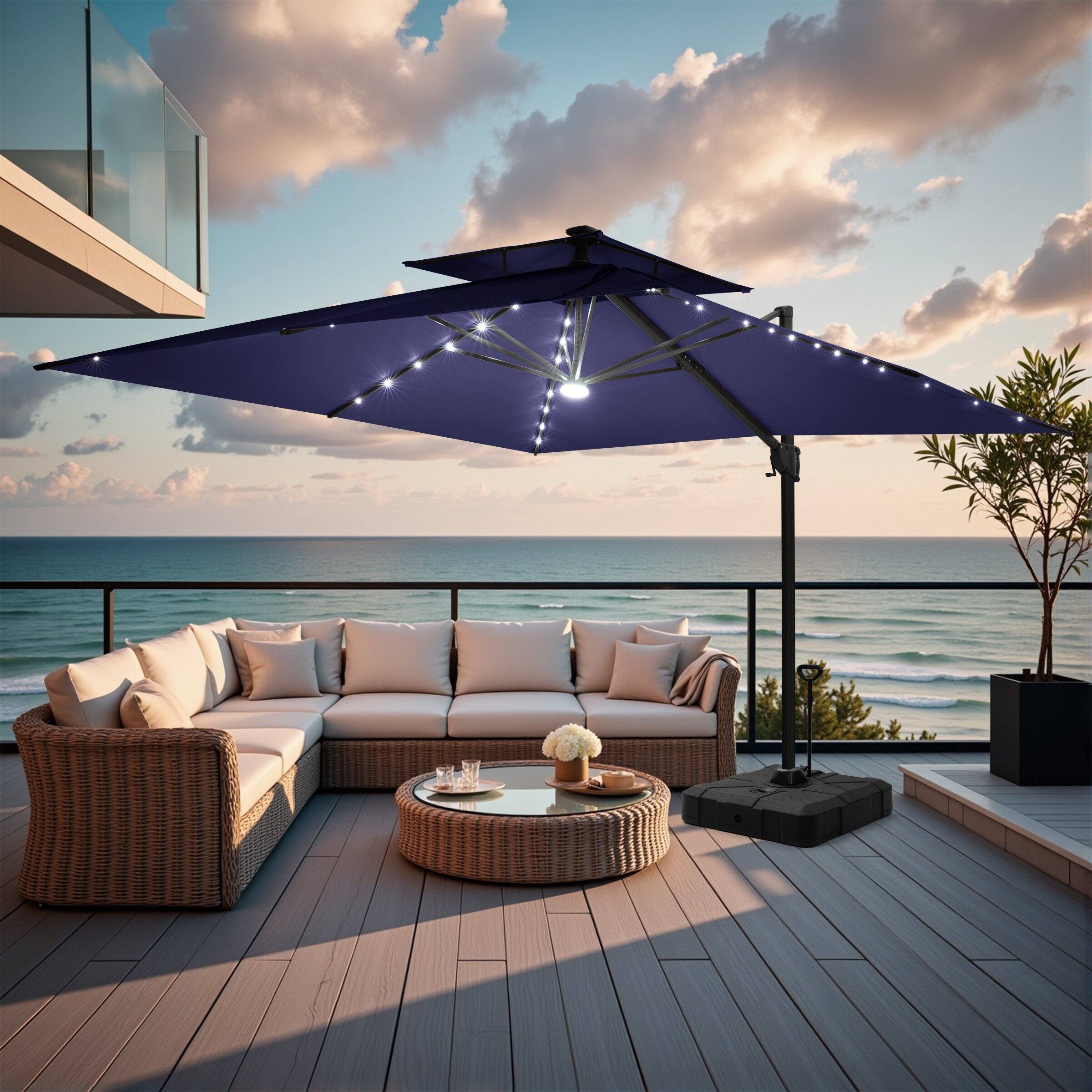 Angle. Crestlive Products - Crestlive Products 11x11ft Aluminum Cantilever Patio Umbrella with Lights with Base - Navy blue.