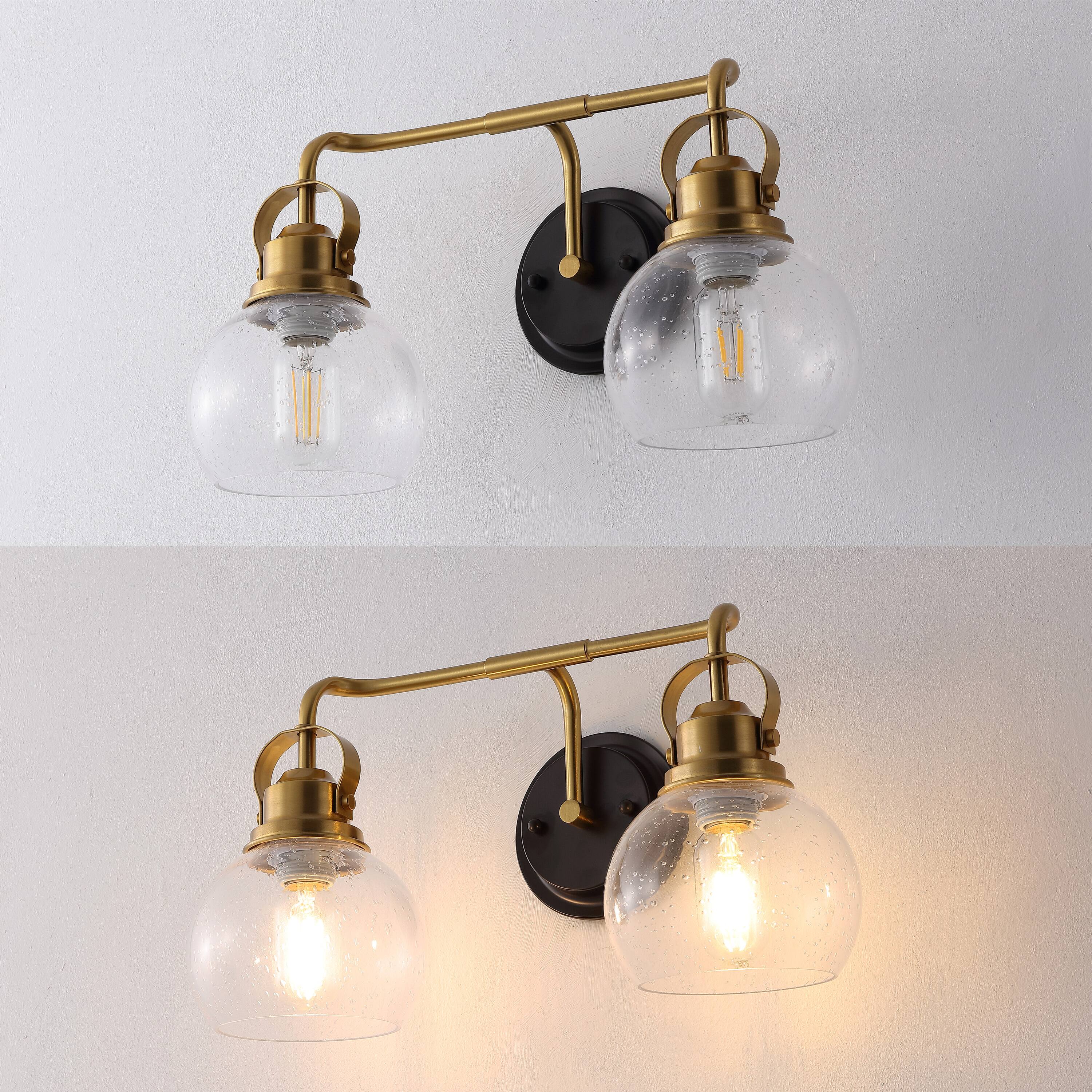 Alt View 4. Jonathan Y - Shirley 17.5" 2-light Farmhouse Metal LED Vanity Light with Seeded Glass Globe Shades, Brass Gold/Oil Rubbed Bronze - Brass Gold/Oil Rubbed Bronze.