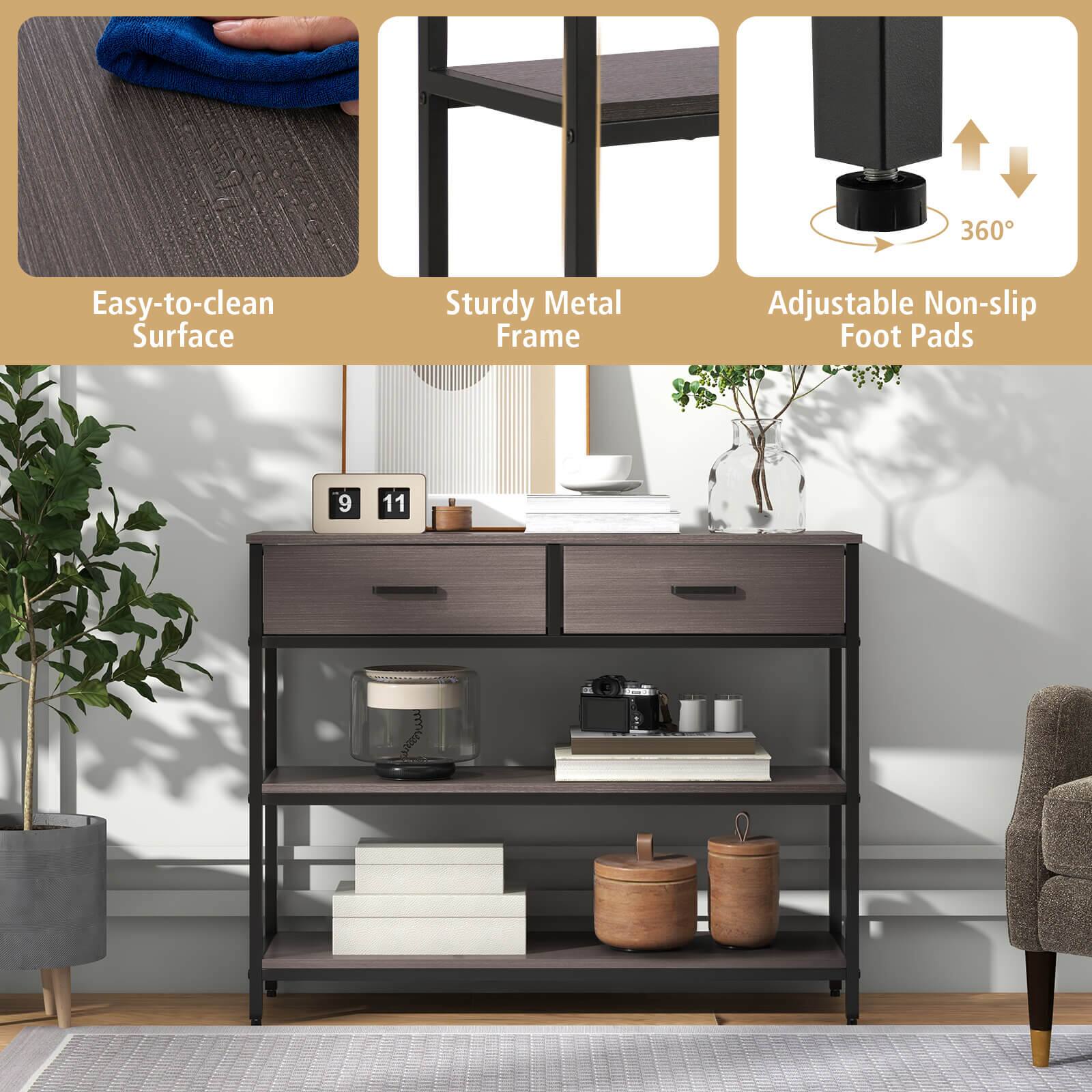 The text on the image reads: "360 Easy-to-clean Surface Sturdy Metal Frame Adjustable Non-slip Foot Pads."