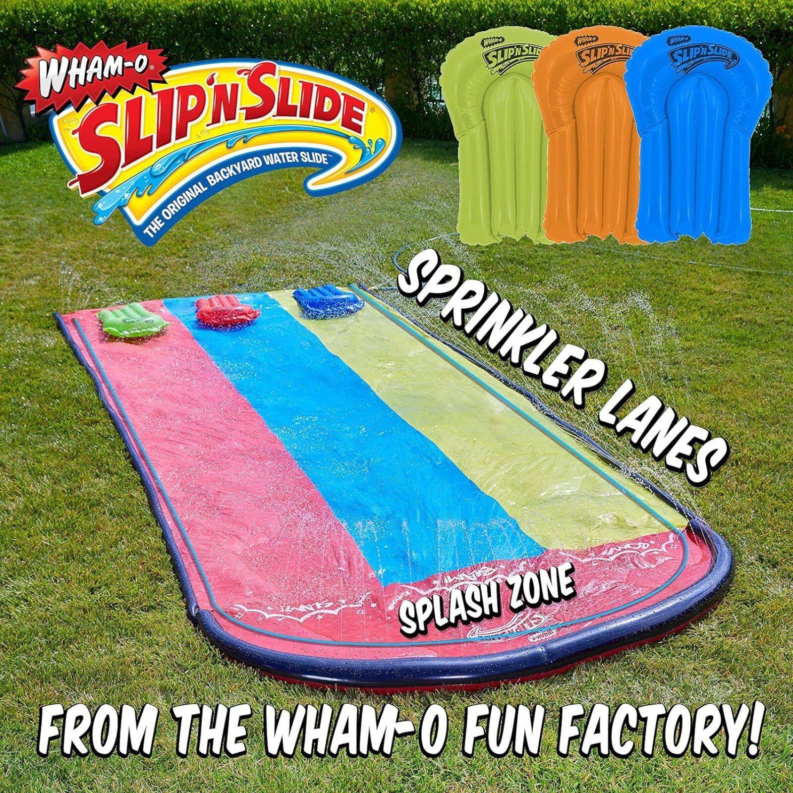 WHAM-O SLIP 'N SLIDE  
THE ORIGINAL BACKYARD WATER SLIDE  
SPRINKLER LANES  
SPLASH ZONE  
FROM THE WHAM-O FUN FACTORY!
