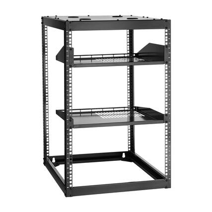 Front. VEVOR - 16U Open Frame Network Rack, 23 in Depth, Wall Mounted or Floor Standing Server Rack, Heavy Duty 4 Post - Black.