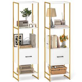 Costway - 2 PCS 5-Tier Bookshelf with 4 Open Shelves Storage Drawer Book Storage Organizer - White