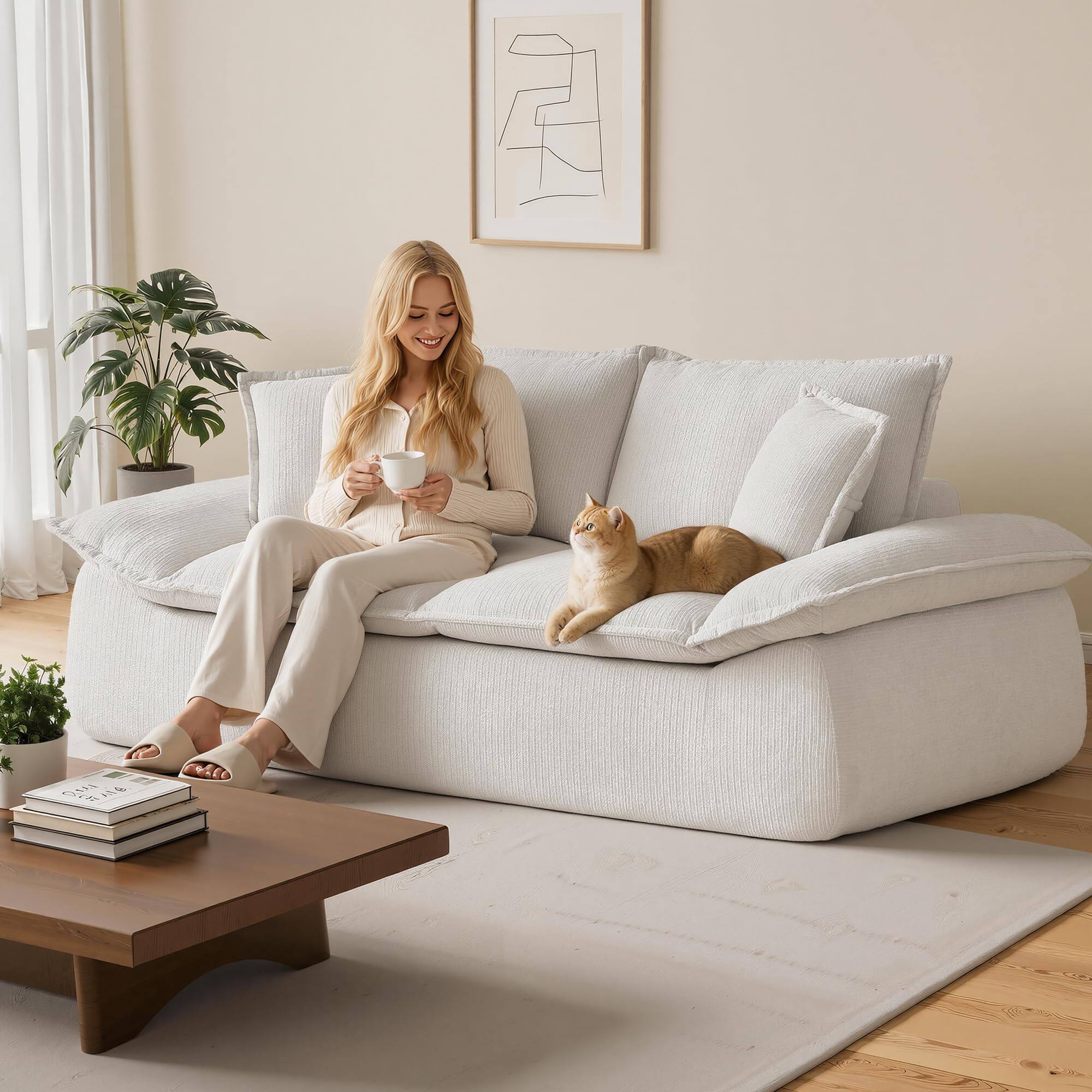 Alt View 6. Meqiodas - Boneless Loveseat, 2-Seater Boneless Sofa with Removable Cushions & 2 Pillows, Small Couch for Living Room, Apartments - White.