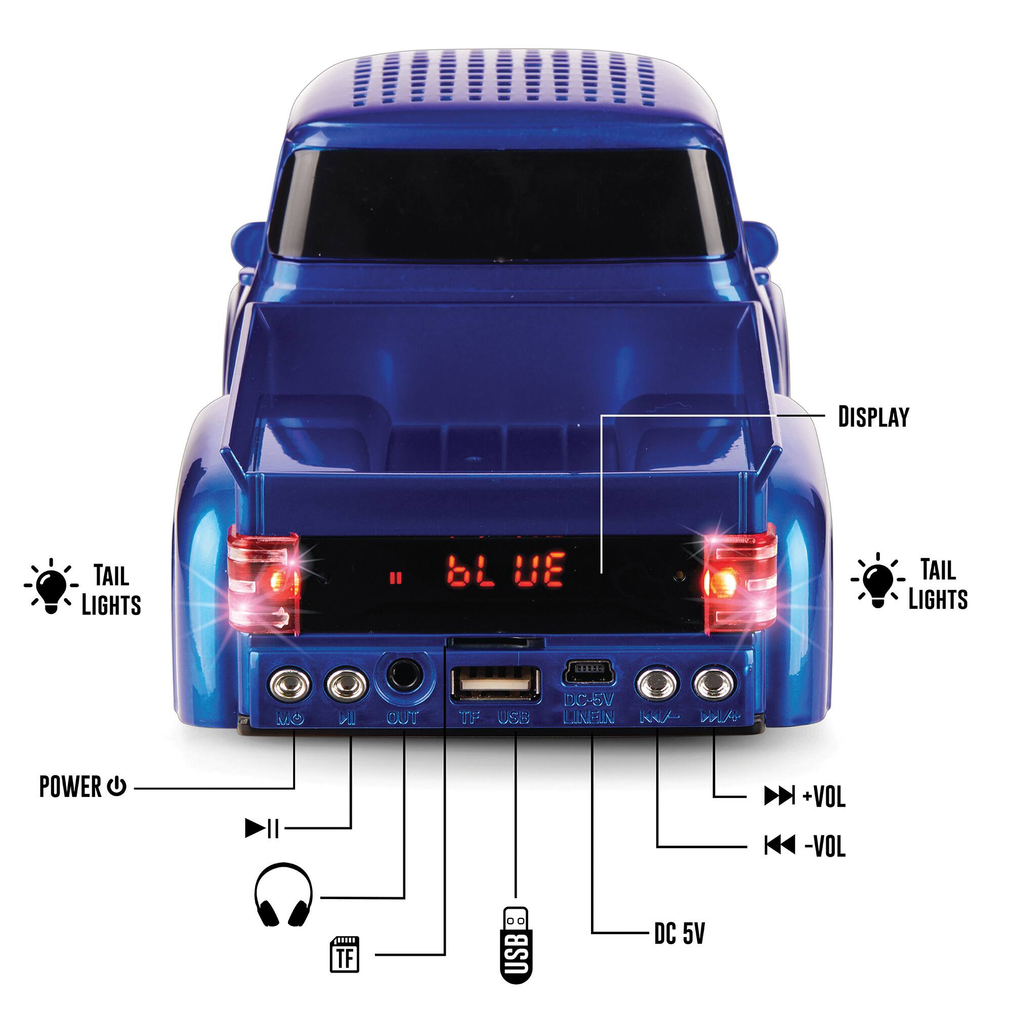 Left. QFX - Retro Truck Portable Bluetooth Speaker with Bass Radiator and LED Lights - Blue.