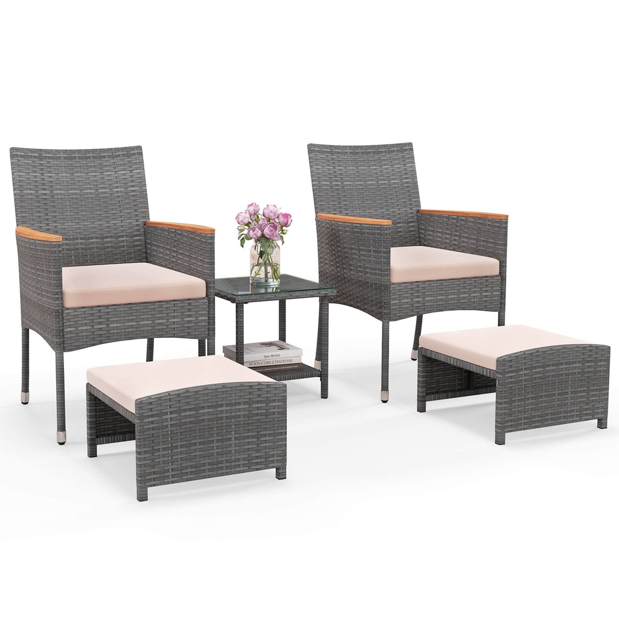 Front. Costway - 5 PCS Patio Conversation Set with Soft Cushions Ottomans & Tempered Glass Top Table - Mix Grey,Beige.