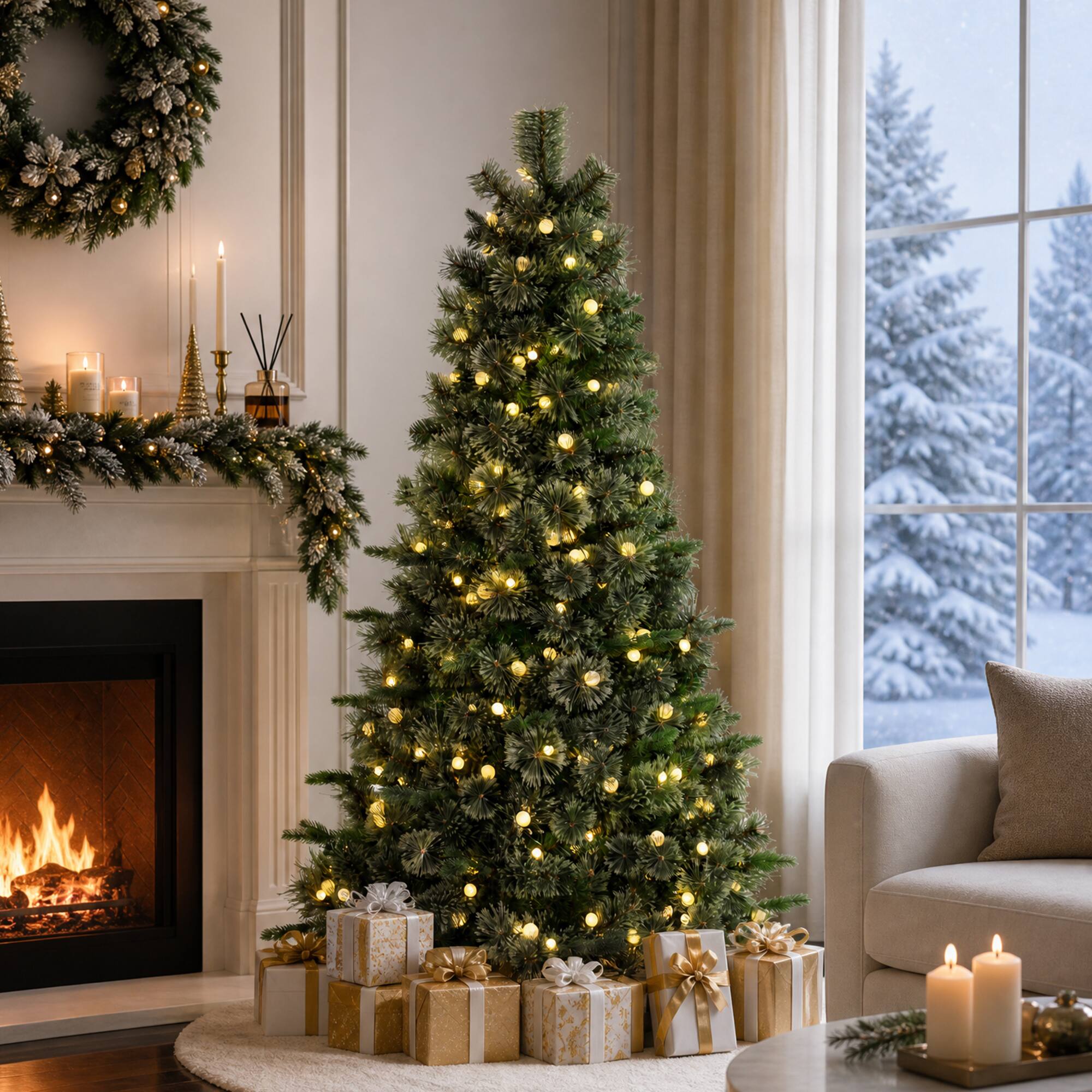 Alt View 10. Glitzhome - 6ft Pre-Lit Cashmere Slim Pine Artificial Christmas Tree with 250 Globe Lights - Green.