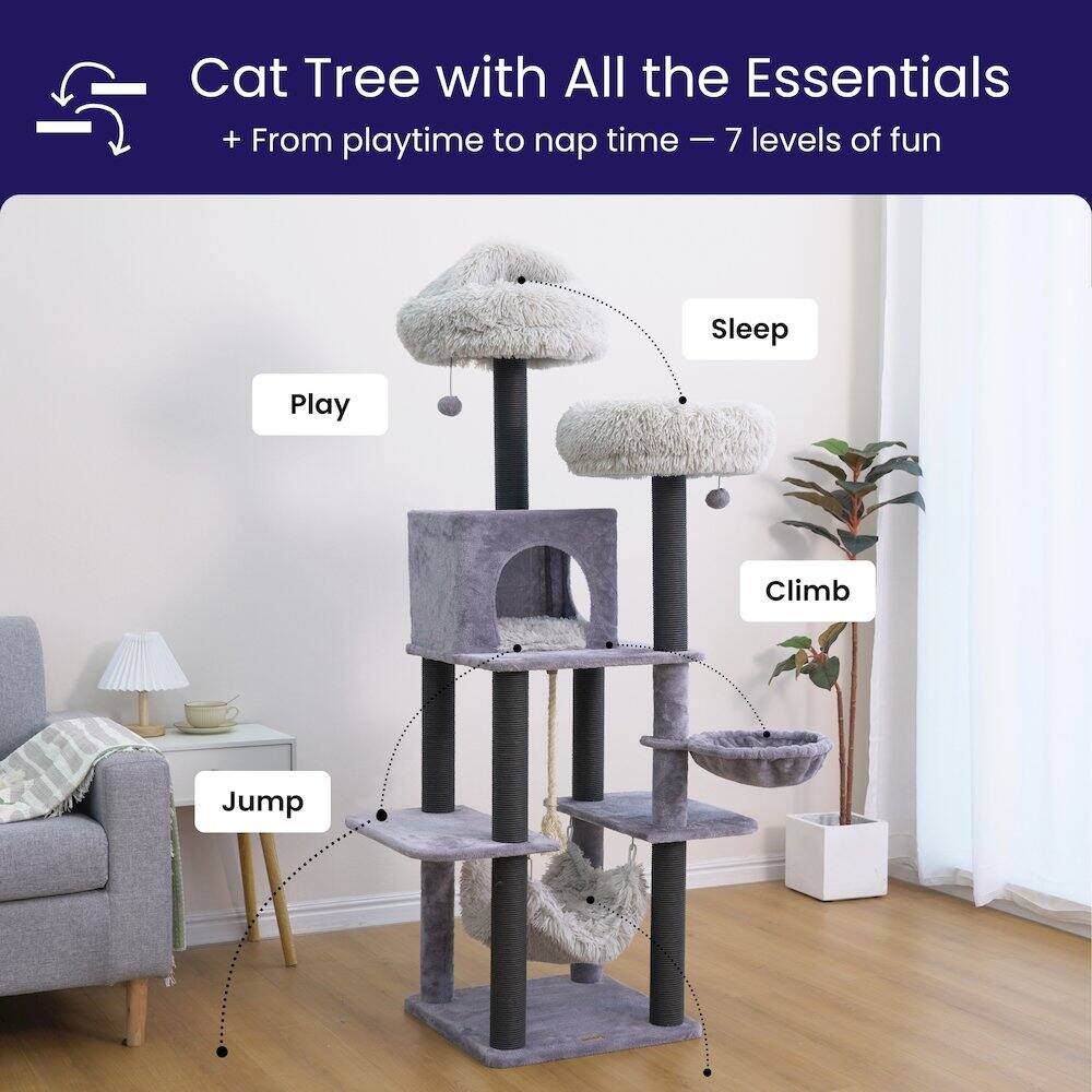 Cat Tree with All the Essentials  
+ From playtime to nap time – 7 levels of fun  

Sleep  
Play  
Climb  
Jump