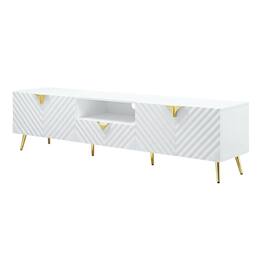 FurniFact - White Gloss Finish TV Stand with Rubberwood and Walnut Veneers for Modern Living - Beige